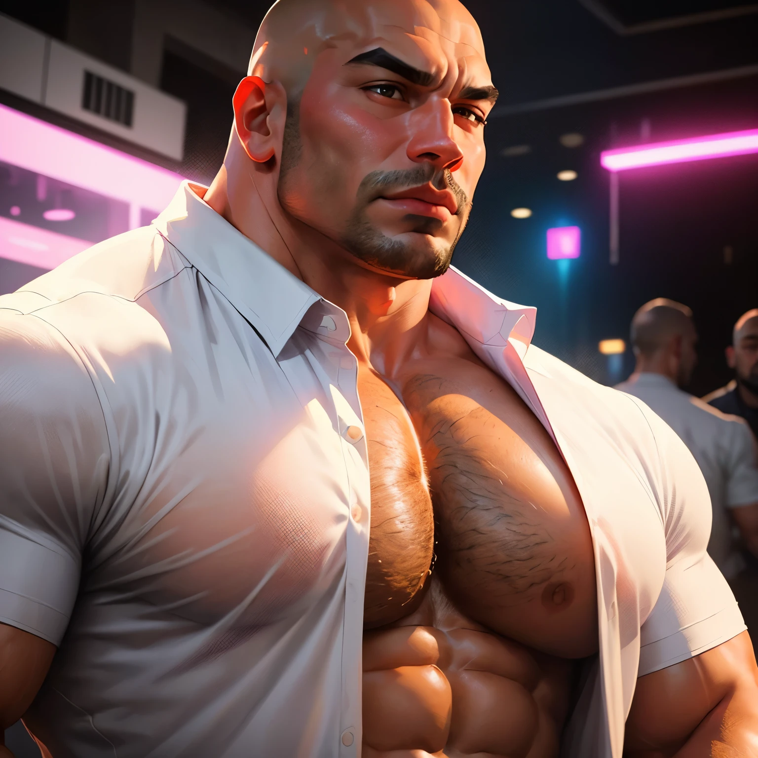 an exaggeratedly muscular and large bald bodyguard, mixed race, (wearing white shirt: 1.2), (exposed pecs: 1.1), (bara pecs: 1.3), (hairy chest: 1.1), close-up portrait HD, night club with pink lights