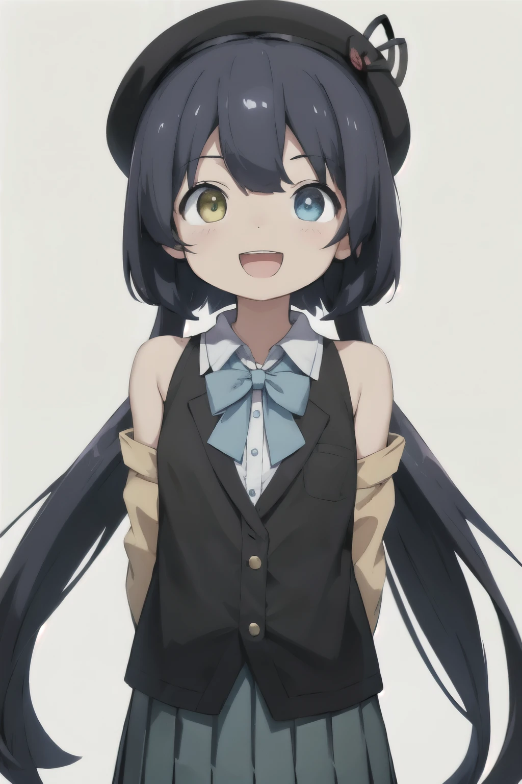 white background、Solid white background、blank background、arms behind back、adult woman、hide your hands、Upper body photographed from the front,(high quality, Breathtaking),(delicate eyes, perfect face)solo,Era: late 20s, Heterochromia - (yellow left eye、The left eye is yellow、light blue right eye、The right eye is light blue)、open your mouth without showing your teeth、Smile with mouth wide open、open your mouth wide、fish shaped hairpin、medium shoulder length hair, black hair, black long sleeve blazer clothes,black pleated skirt、beret