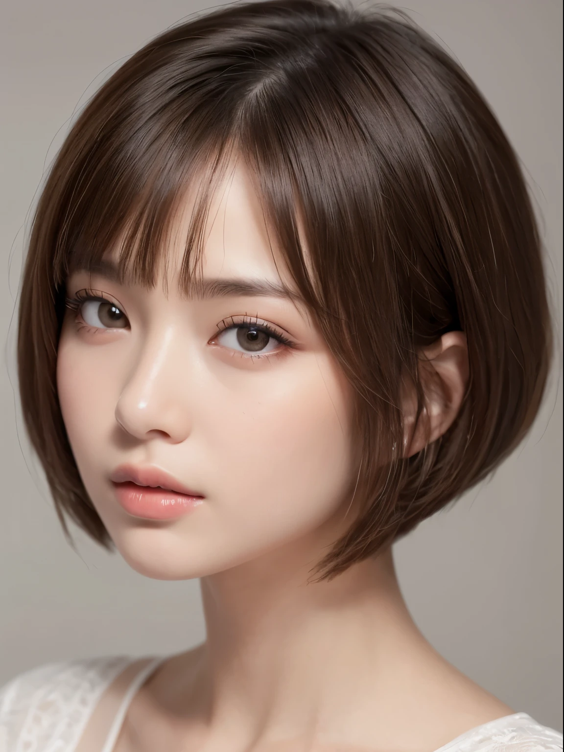 ((close-up photo of face:1.4))、(masterpiece:1.5)、(8K)、(Photoreal:1.5)、Raw photo、(best image quality:1.4)、(sharp focus:1.5)、 highest quality、masterpiece、超A high resolution、perfect dynamic composition、 20-year-old、thin、Beautiful woman:1.4、serious expression、 in the living room、wearing a camisole、 light brown hair、bob cut、shining hair、 super detail face、detailed eye、double eyelid、 natural color lip、transparent skin、