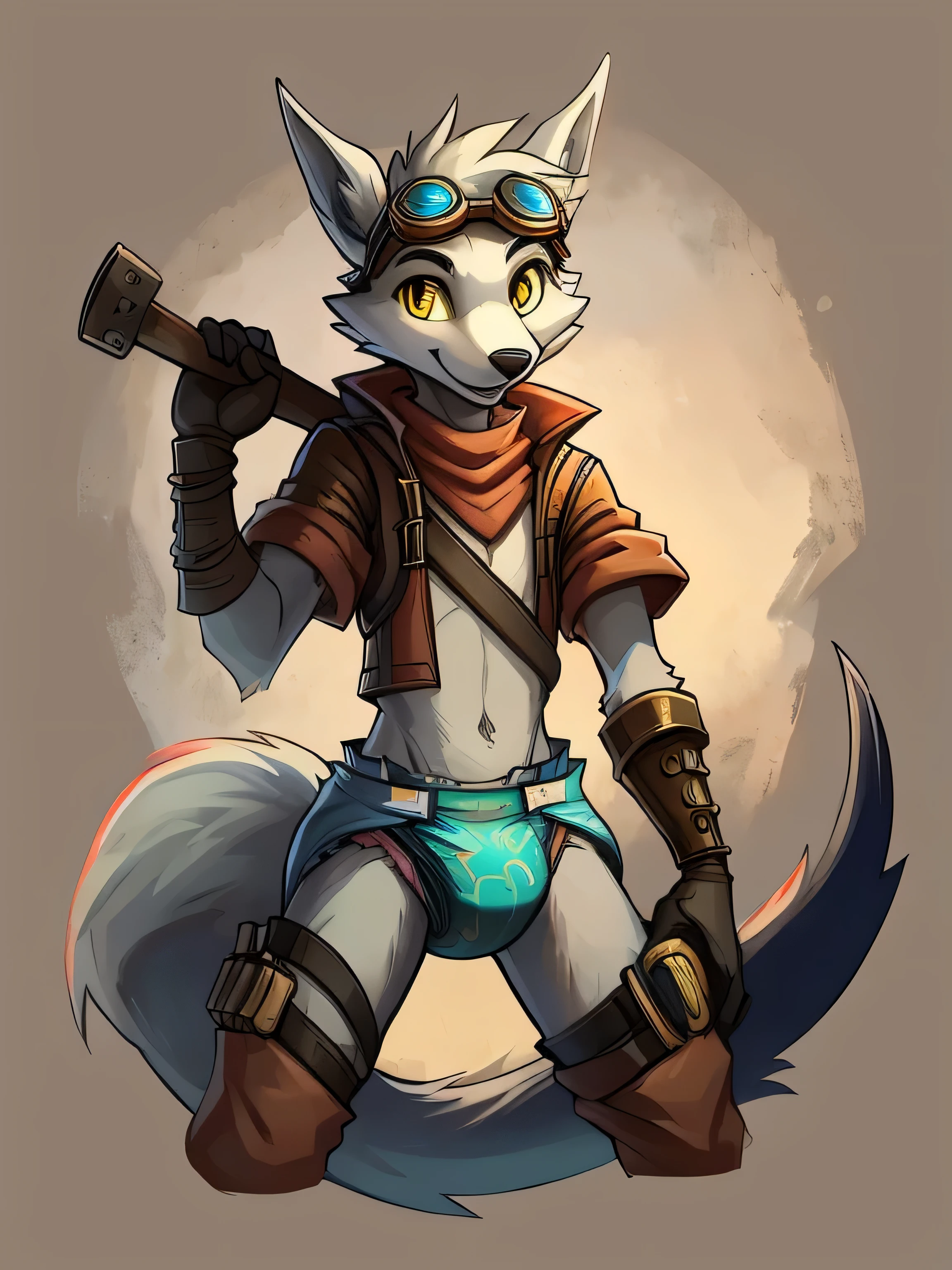 Male, arctic wolf, detailed yellow eyes, long tail, tinkerer, slim, sly, simple background, detailed plain diaper, tools, artificer, happy, goggles on head, steampunk