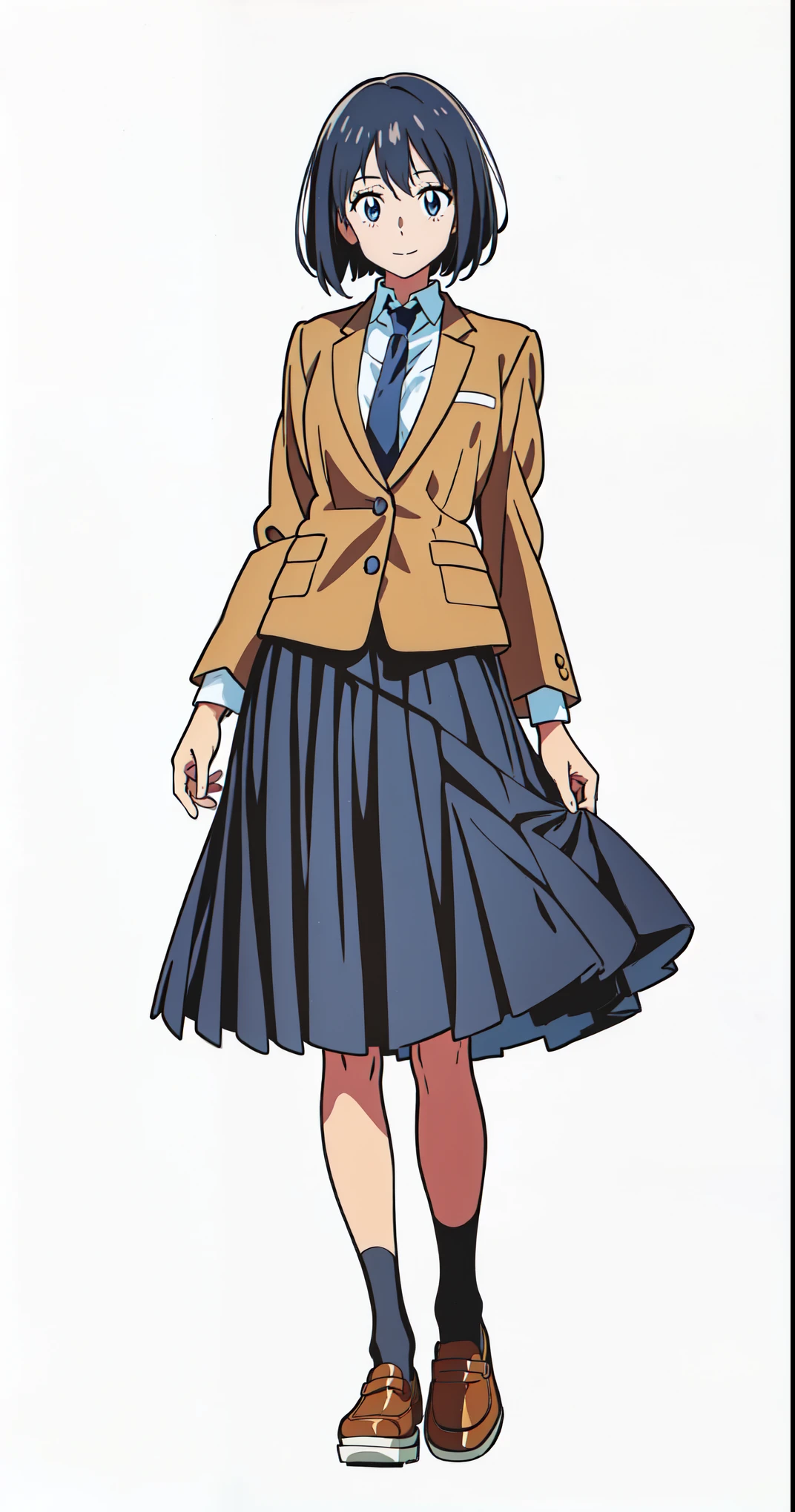 (best quality:1.0), (masterpiece:1.0), (super fine illustration:1.0), (beautiful artwork:1.0), (anime screencap:1.0), (official art:1.0), (tareme:1.5), (best quality:1.0), (masterpiece:1.0), (super fine illustration:1.0), (beautiful artwork:1.0), (anime screencap:1.0), (official art:1.0), (tareme:1.5), (cheerful:1.5), (light smile:1.5), (white background:1.0), (best quality:1.0), (masterpiece:1.0), (super fine illustration:1.0), (beautiful artwork:1.0), (anime screencap:1.0), (official art:1.0), (full body:1.0), (solo:1.0), (HSGA:1.0), (a 18yo cute girl:1.0), (long skirt:1.0), (dark blue skirt:1.0), (pleated skirt:1.0), (school uniform beige blazer:1.0), (dark blue necktie:1.0), (loafers:1.0), (black socks:1.0), (ideal ratio body proportions:1.0), (lanky:1.0), (tall:0.0), (slender:1.0), (small breasts:1.0), (smaller face:0.0), (tareme:1.0), (detailed beautiful eyes:1.0), (detailed beautiful face:1.0), (glowing black eyes:1.0), (bob cut hair:1.0), (black hair:1.0), (standing:1.0), (looking at viewer:1.0)