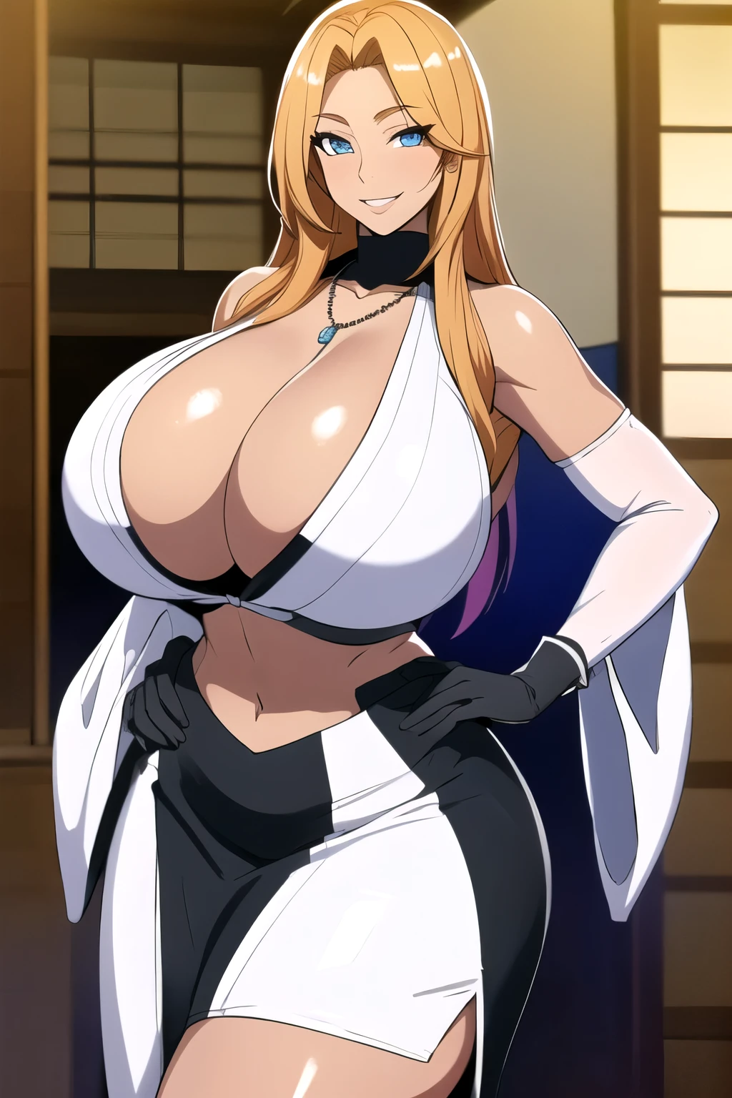 masterpiece, best quality, matsumoto rangiku, beautiful lighting, long hair, turtleneck, crop top, pencil skirt, underboob, necklace, gigantic breasts, standing, looking at viewer, blue eyes, smile, japanese architecture, cowboy shot, shiny skin, gigantic breasts, curvy, seductive smile, bare shoulders, elbow gloves