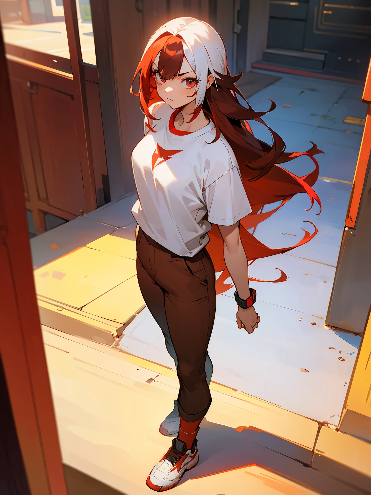 white t-shirt,brown sweats, 1female , feMale , Muscular , multicolored hair, WHITE hair, red hair, auburn hair, two-tone hair, long Hair , bored Expression , ruby Eyes , Standing in outside , Facing Viewer , full body, rogue (marvel) hairstyle
