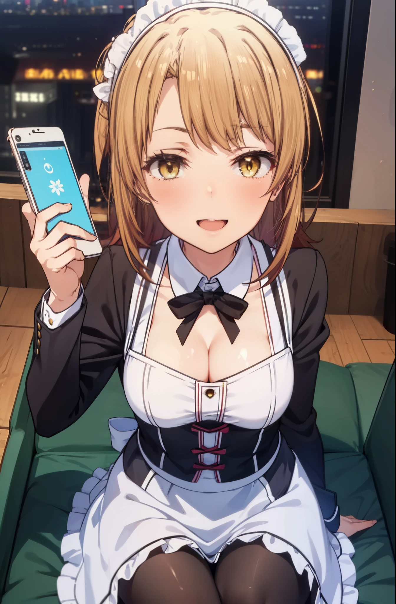 irohaisshiki, iroha isshiki, long hair, brown hair, (brown eyes:1.5), Take a selfie from above your head,with left hand, He opened the collar of his shirt to show his cleavage.,smile, smile, open your mouth,short braided hair,ponytail,blush,smile,Maid clothes open collar,Medium chest,she was wearing a miniskirt, black pantyhose, sitting cross-legged on a chair,Make sure the whole body is included in the illustration,
break indoors, coffee shop,
break looking at viewer,
break (masterpiece:1.2), highest quality, High resolution, unity 8k wallpaper, (shape:0.8), (fine and beautiful eyes:1.6), highly detailed face, perfect lighting, Very detailed CG, (perfect hands, perfect anatomy),