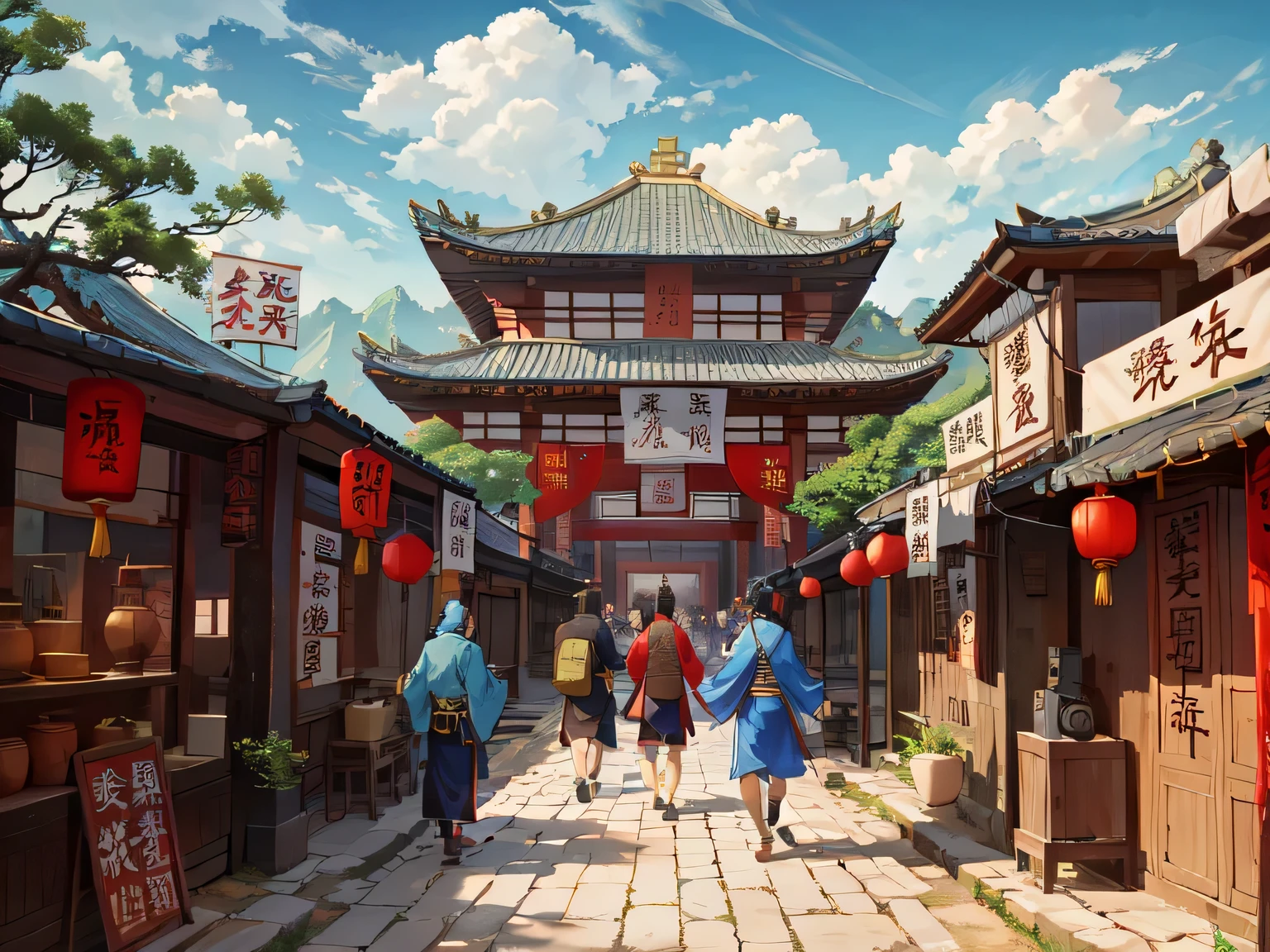 gente caminando por una calle con min pao en un pueblo chino con una pagoda al fondo, dreamy Chinese towns, Ancient arquitectura china, beautiful rendering of Tang Dynasty., arquitectura china, taoist temples and monks, castillo antiguo chino cyberpunk, pueblo chino, por Ni Yuanlu, movie silk road landscape, por Yang J., palacios chinos, por Fei Danxu, chinese dreamland