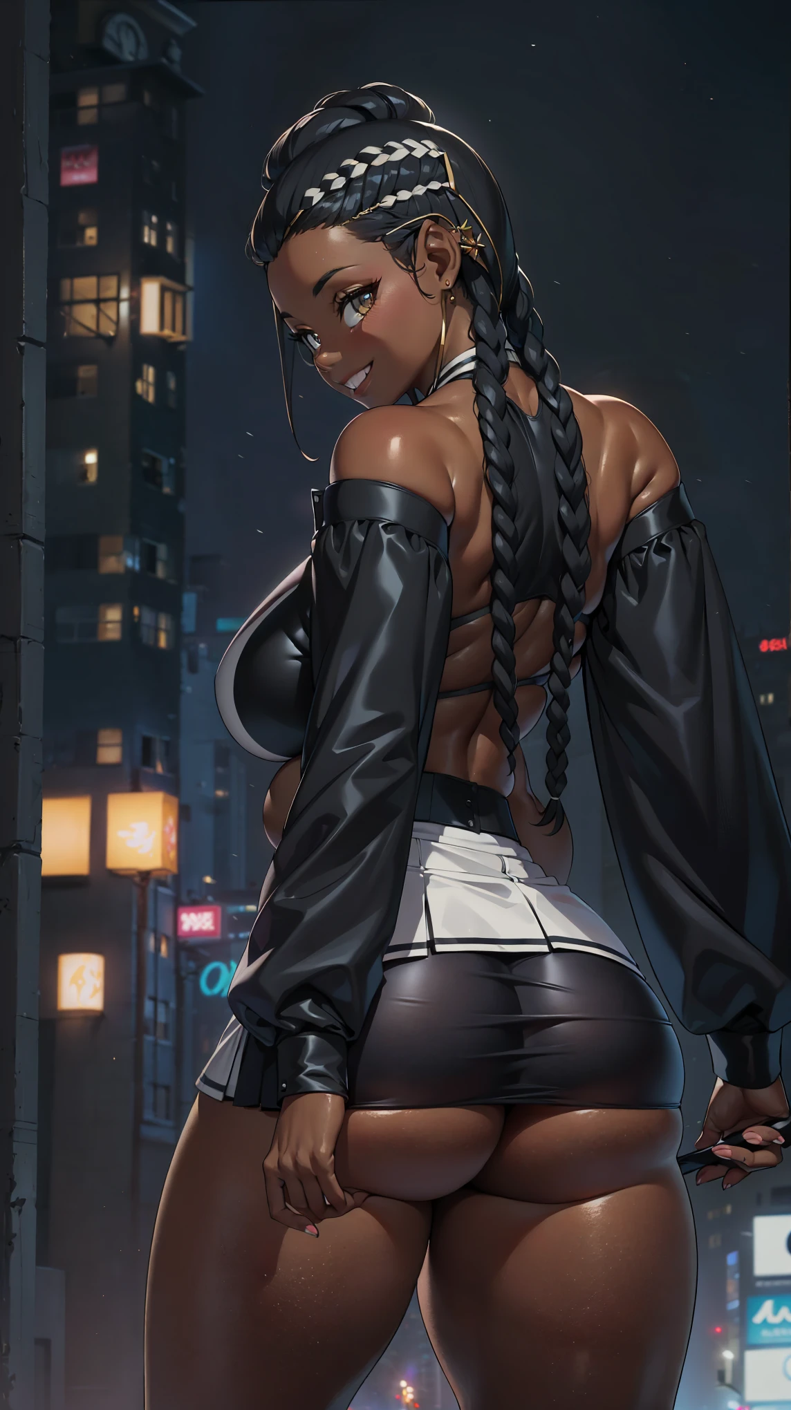 4K Quality, (cute black girl), (big smile), ((black cornrows)), ((dark skinned)), (black and white skirt and shirt), ((thick thighs)), big breasted, big ass, (facing the viewer), (in the city), ((hazel eyes)), (night time) 