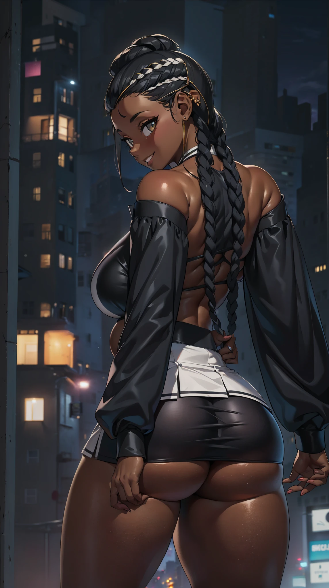 4K Quality, (cute black girl), (big smile), ((black cornrows)), ((dark skinned)), (black and white skirt and shirt), ((thick thighs)), big breasted, big ass, (facing the viewer), (in the city), ((hazel eyes)), (night time) 