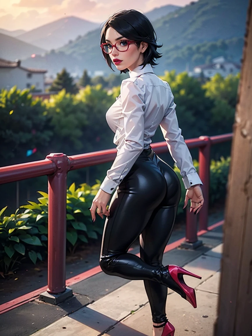 (1girl, solo, alone), (WakatsukiRisa, Sarada Uchiha, black hair, short hair, black eyes, red glasses), ((solo, (1woman, pink lipstick, (small breasts), black eyes), Extremely detailed, ambient soft lighting, 4k, perfect eyes, a perfect face, perfect lighting, a 1girl)), austere, ((black leather pants, (high heels, ((dress shirt, white shirt, long sleeve blouse))), black leggings, leather pants, black pants, ((stiletto high heels, (peep toes), black high heels with red soles, high heels)), tight clothes, shiny leather, leather, leathery, farm, balcony, ((looking back, backwards)), farm background, pond)), ((itness, muscular, shapely body, athletic body, toned body))