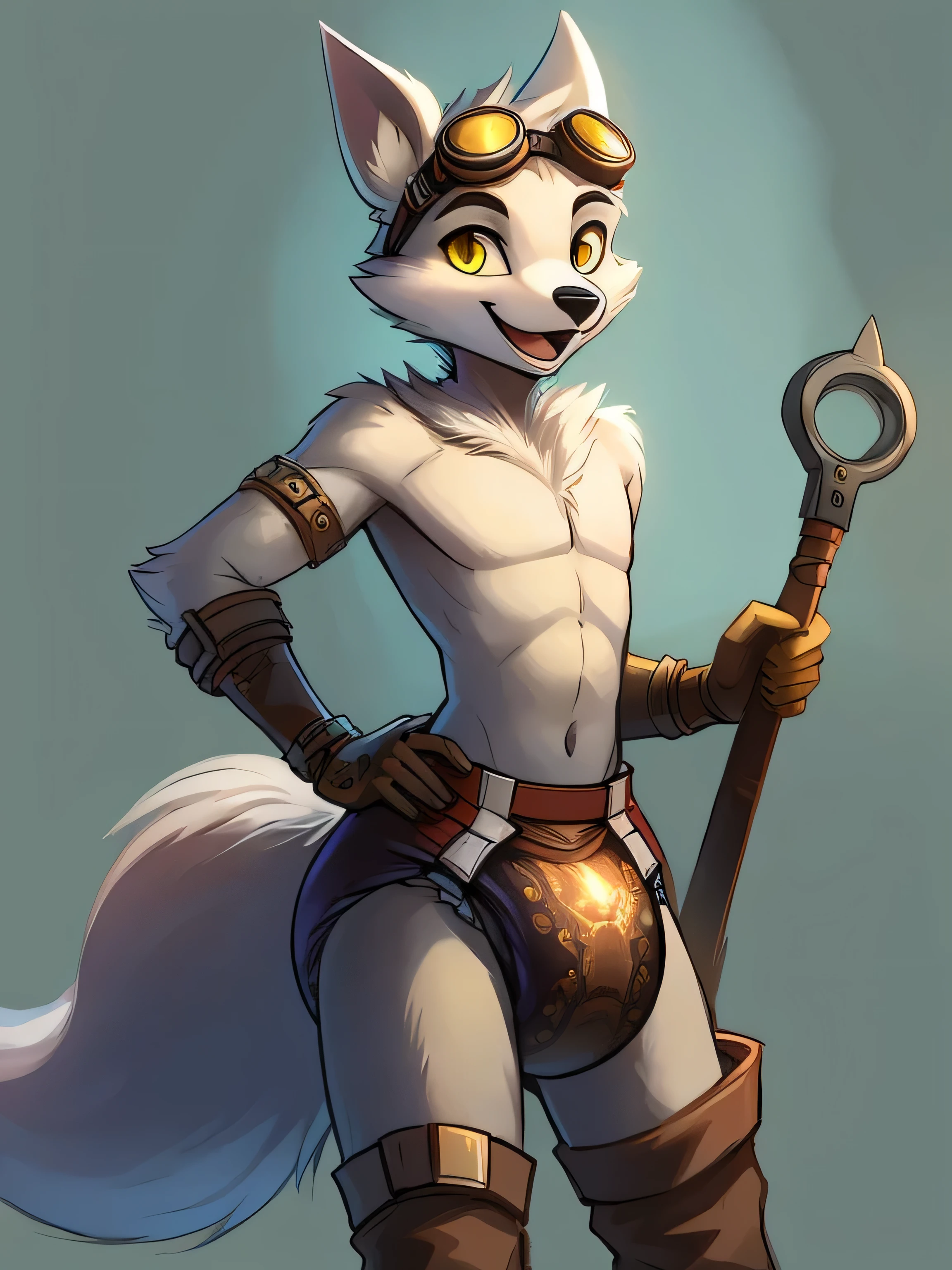 Male, arctic wolf, detailed yellow eyes, long tail, tinkerer, slim, sly, simple background, detailed plain big diaper, tools, artificer, happy, goggles on head, steampunk