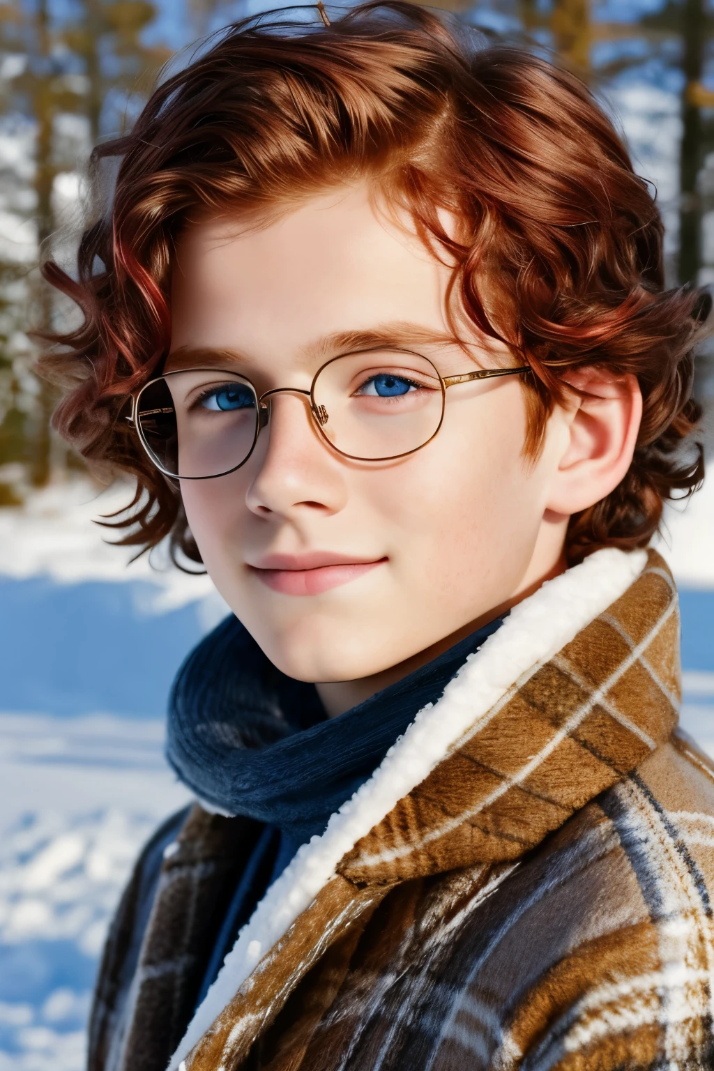 A cute with beautiful red hair, half curly and half straight, framing his cherubic face, twinkling blue eyes reflecting the winter wonderland around him, bundled up in warm clothes to shield him from the snow's chill, donning thin-framed, round gold prescription glasses that add a touch of sophistication to his youthful appearance in an ultra realistic, 8k, high definition image. The intricately detailed strands of his hair cascade down to his shoulders, each strand shimmering under the soft winter sunlight. The warm color palette of his clothing complements the pristine whiteness of the snow, creating a vis