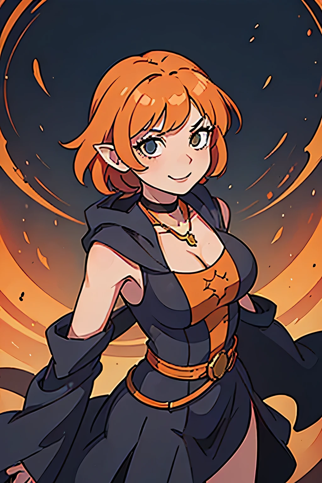 (((masterpiece))), (((best quality))), illustration, single character, game character, rpg character, female character, female necromancer, dark blue dress with golden details, short sleeve. huge cleavage, gemmed necklace. short shirt. side butt. wide hips. big butt. wavy short hair. orange short hair, slightly pointy ears, yellowgreen eyes, evil face, smile. independent hero. open hooded black cloak. orange hair. dark background, flat color background, anime character, 8k, awesome quality