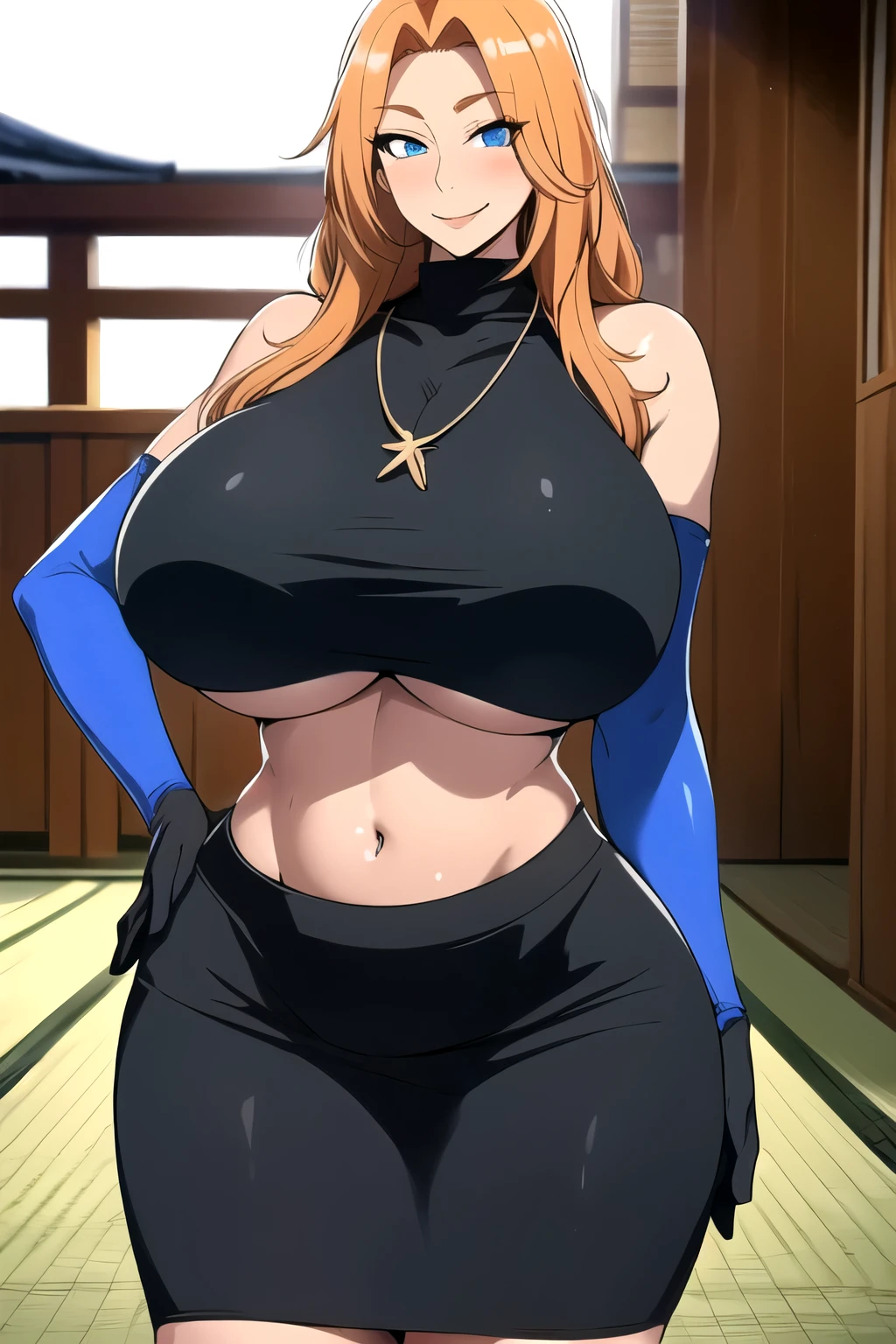 masterpiece, best quality, matsumoto rangiku, beautiful lighting, long hair, turtleneck, crop top, pencil skirt, underboob, necklace, gigantic breasts, standing, looking at viewer, blue eyes, smile, japanese architecture, cowboy shot, shiny skin, gigantic breasts, curvy, seductive smile, bare shoulders, elbow gloves