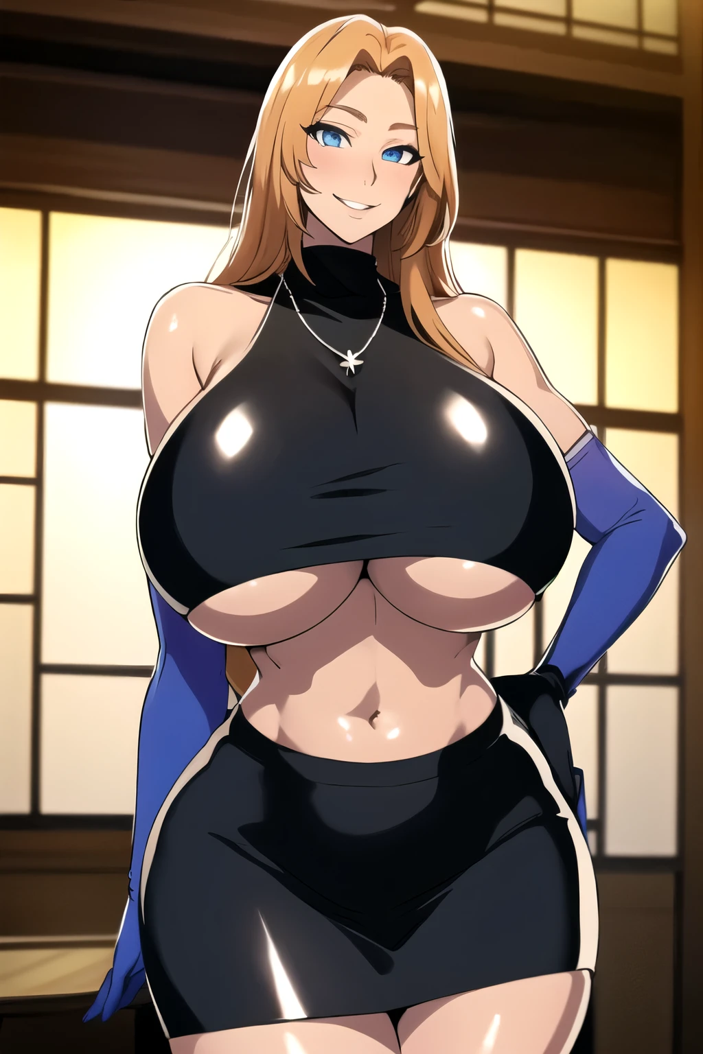 masterpiece, best quality, matsumoto rangiku, beautiful lighting, long hair, turtleneck, crop top, pencil skirt, underboob, necklace, gigantic breasts, standing, looking at viewer, blue eyes, smile, japanese architecture, cowboy shot, shiny skin, gigantic breasts, curvy, seductive smile, bare shoulders, elbow gloves