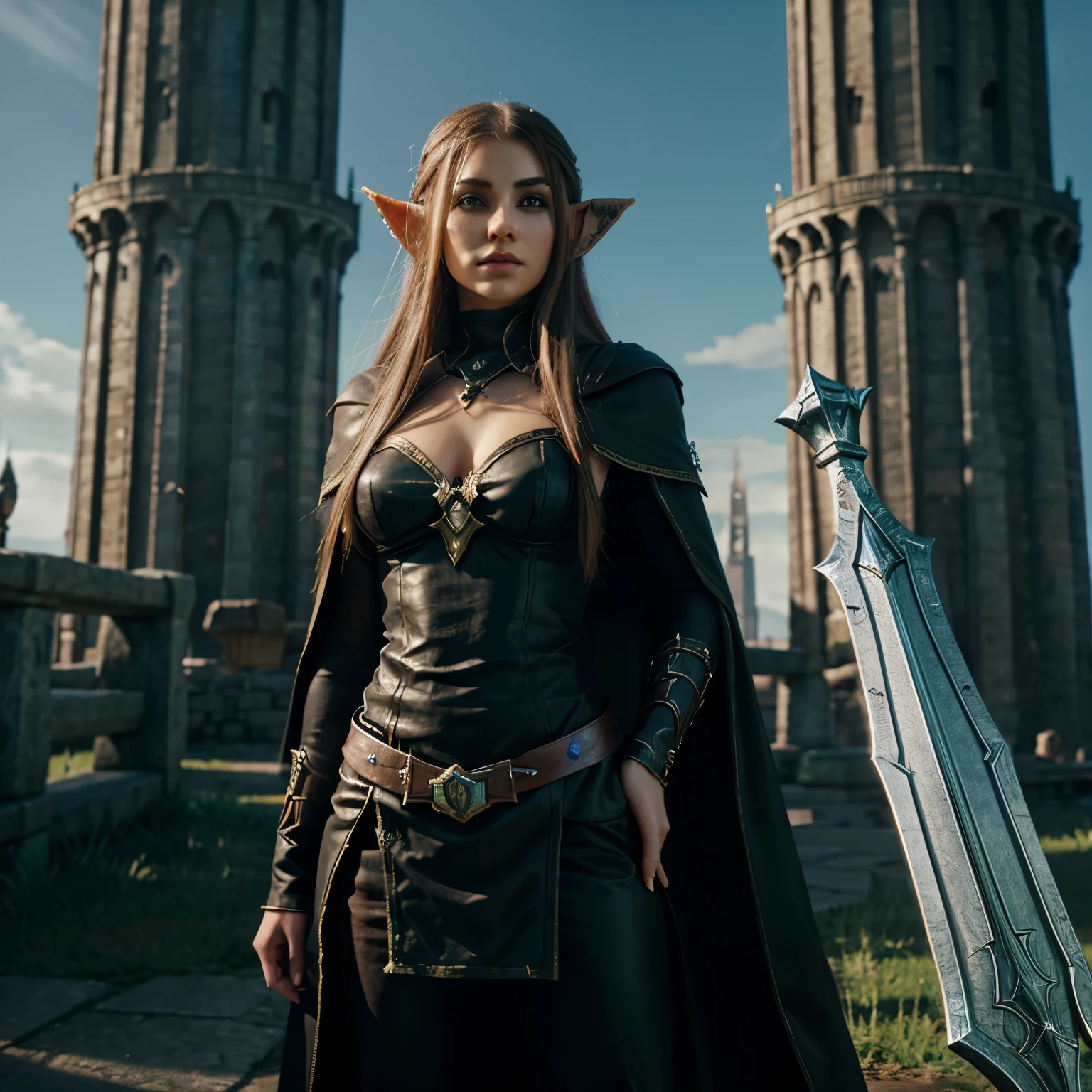 woman, elf type, world of Warcraft game, magical elf, looking at the viewer, black clothing with cape, tower in the background, swords, realistic, HD