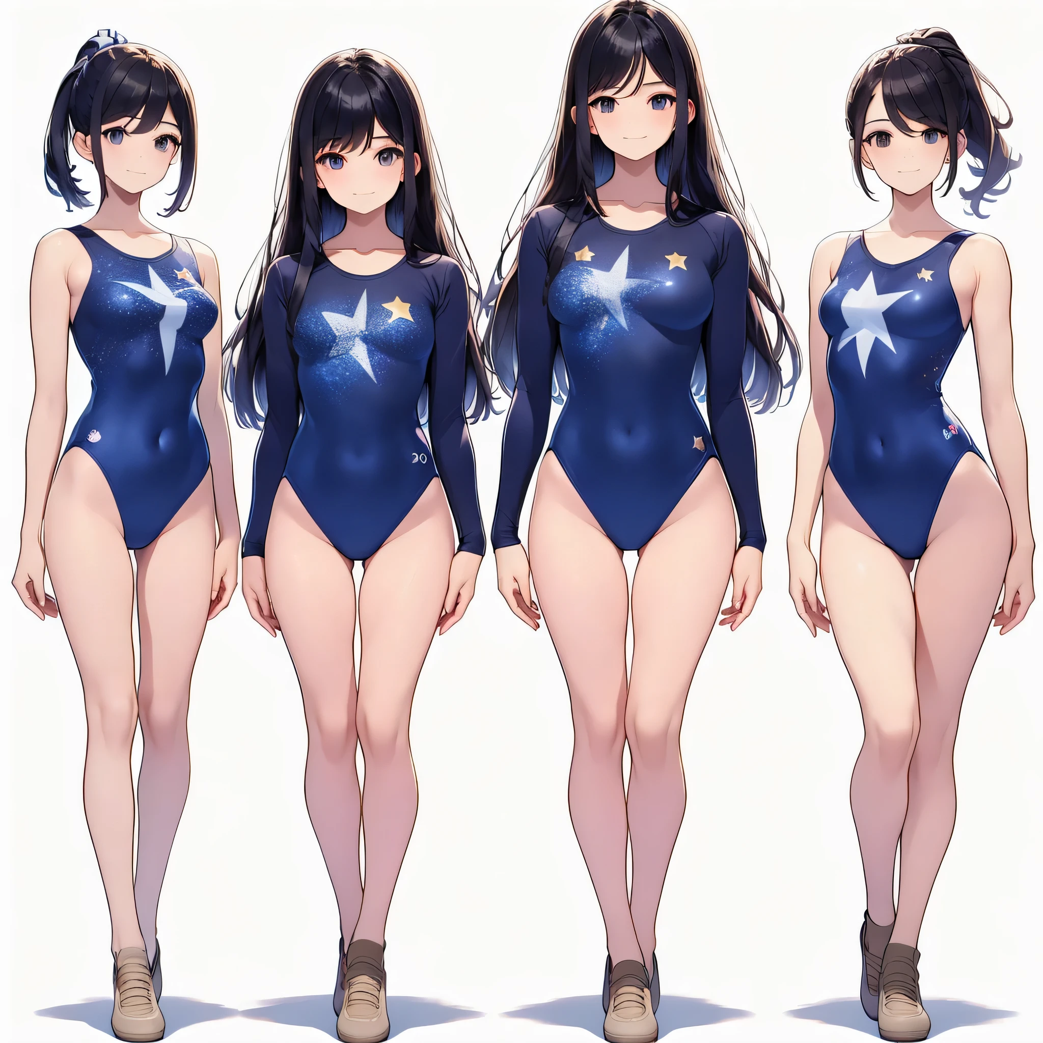 ((full body)),(masterpiece, best quality), (3 girls1.5) ,((Contrapposto:1.5)), looking at viewer, walking,((v_arms:1.2)), wearing gymnastics_longsleeves_leotard_outfit leotard:1.3),(blue leotard) ,(stars print:1.3), BREAK masterpiece black hair, ((long hair:1.2)), ((parted bangs:1.3)), black eyes, good hand, ((small breasts)), (over 20 years old, under 25 years old:1.2), , spotlight, happy, smile, BREAK in the class room