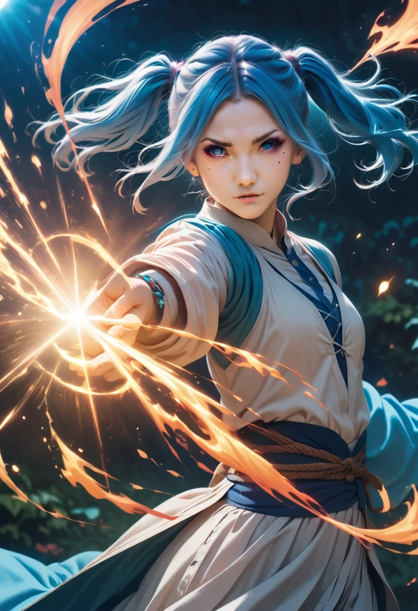 aisha hanabi,blue hair,side pigtails,mole under eye,flat chested,anime style,action,magical,illustration,detailed,realistic,highres,vibrant colors,studio lighting,sparkling particles,fiery energy,time freeze,glowing symbols,sword wielding,flowing robe,dynamic movement,wind blowing,hint of smoke,fierce expression