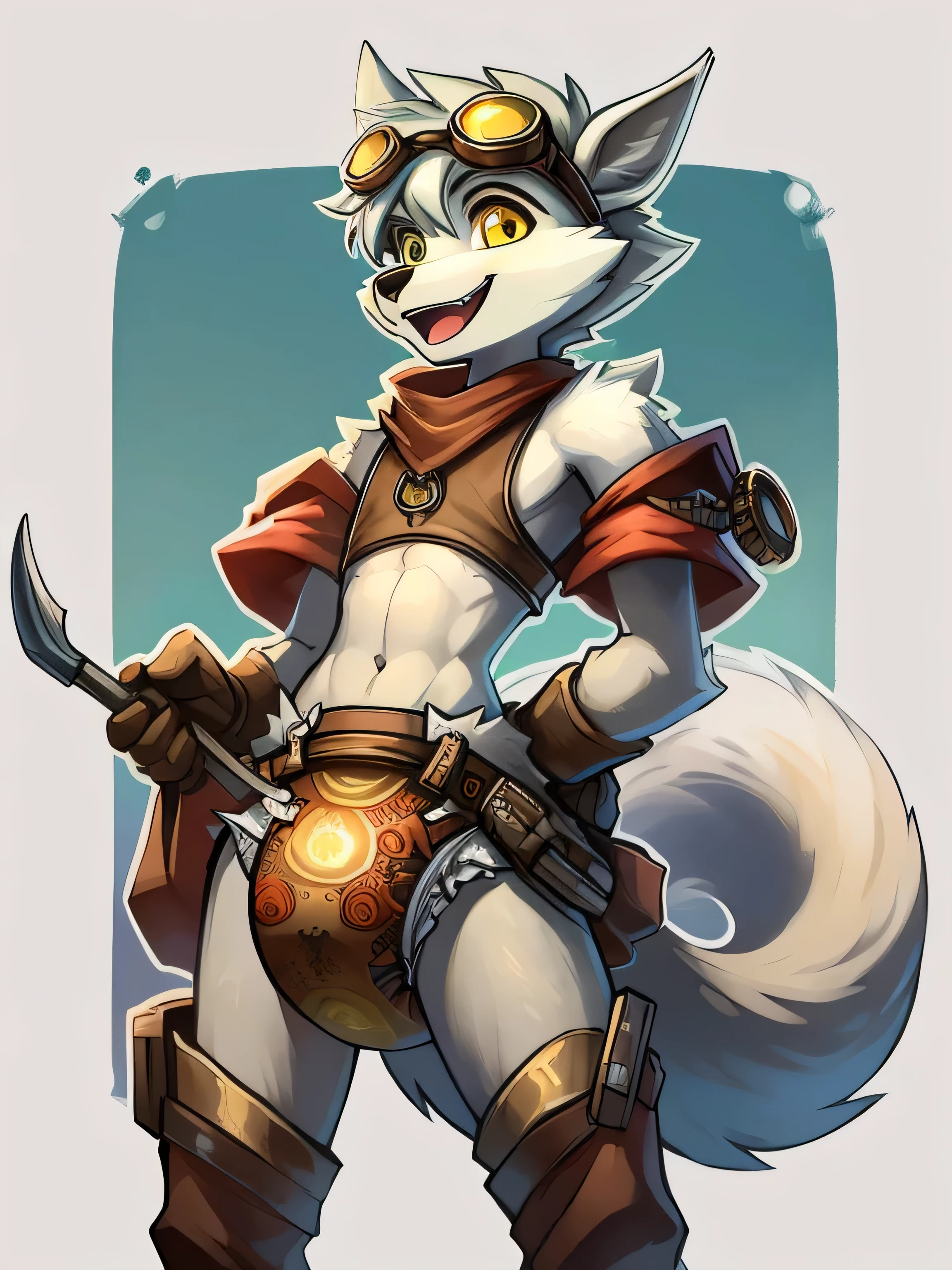Male, arctic wolf, detailed yellow eyes, long tail, tinkerer, slim, sly, simple background, detailed plain diaper, tools, artificer, happy, goggles on head, steampunk