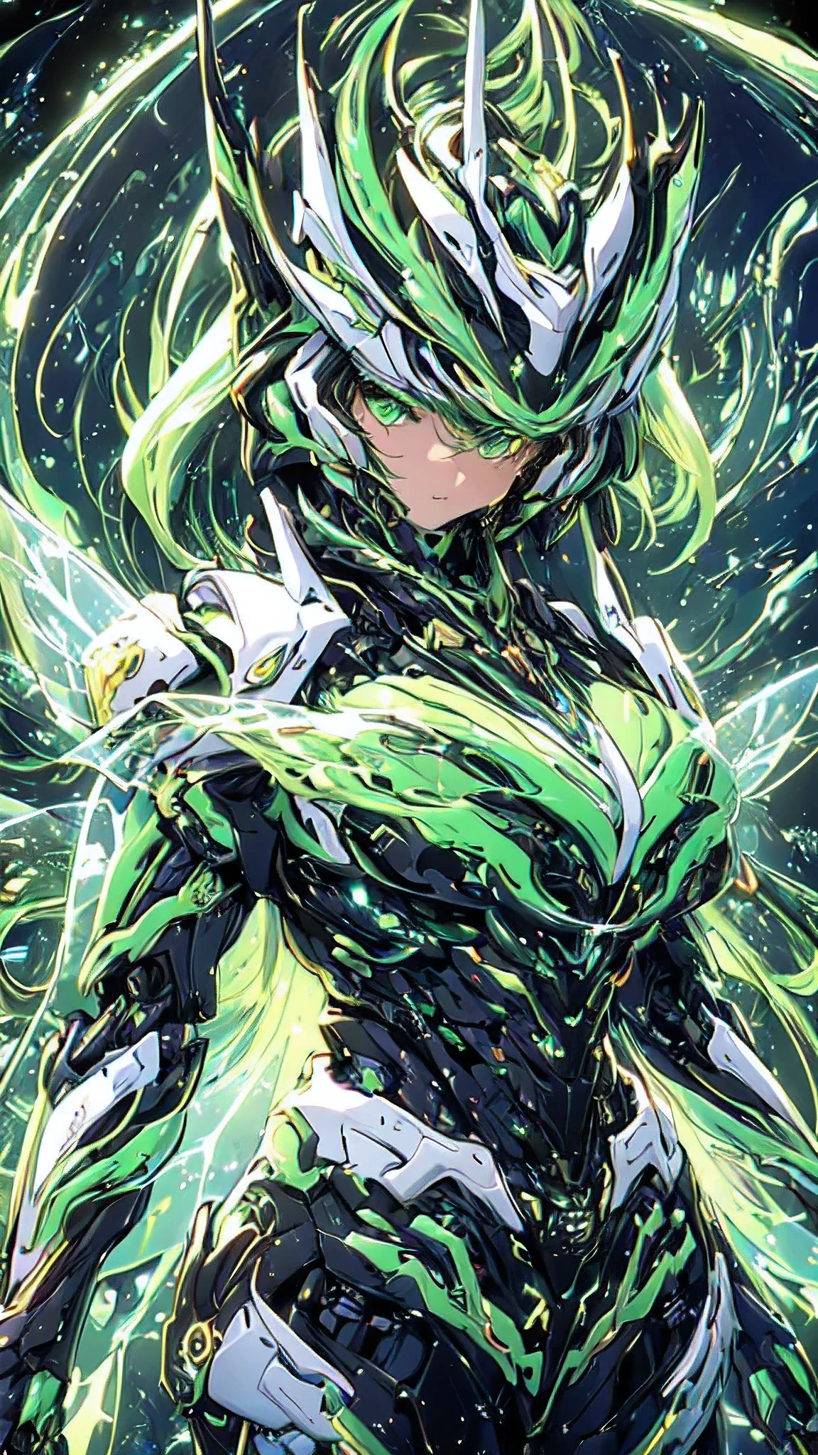 (masterpiece, best quality:1.3),extremely high detailed, intricate, 8k, HDR, wallpaper, cinematic lighting, (universe),(Mecha musume:1.3), glowing, black armor, glowing green eyes, mecha, black hair, ponytail, (large mechanical fairywings:1.2), (black and green theme:1.4), (fairy, girl:1.2), (large breasts:1.1), (white background:1.3), (pacific rim style helmet:1.1)