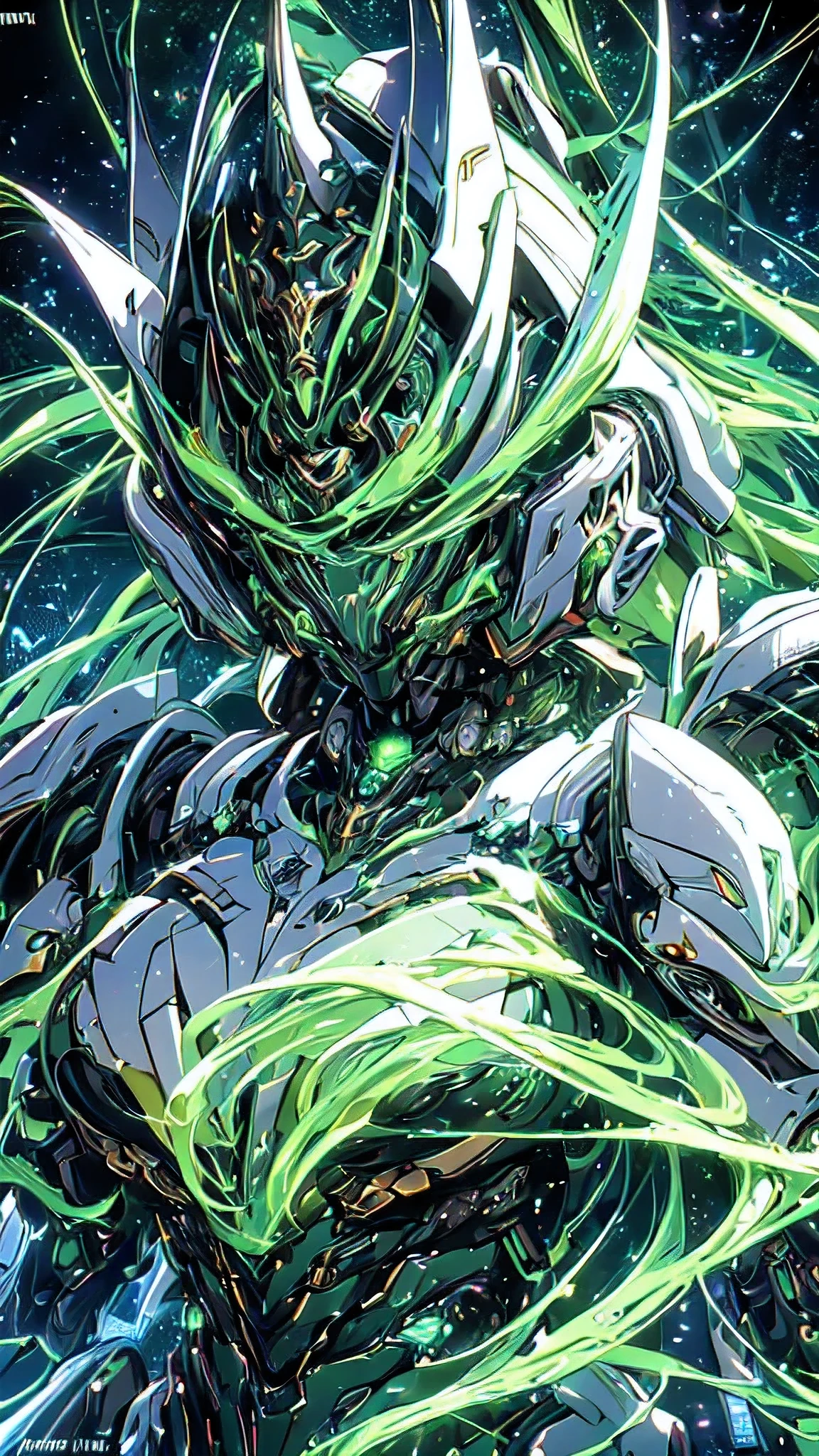 (masterpiece, best quality:1.3),extremely high detailed, intricate, 8k, HDR, wallpaper, cinematic lighting, (universe),(Mecha musume:1.3), glowing, black armor, glowing green eyes, mecha, black hair, ponytail, (large mechanical fairywings:1.2), (black and green theme:1.4), (fairy, girl:1.2), (large breasts:1.1), (white background:1.3), (pacific rim style helmet:1.1)