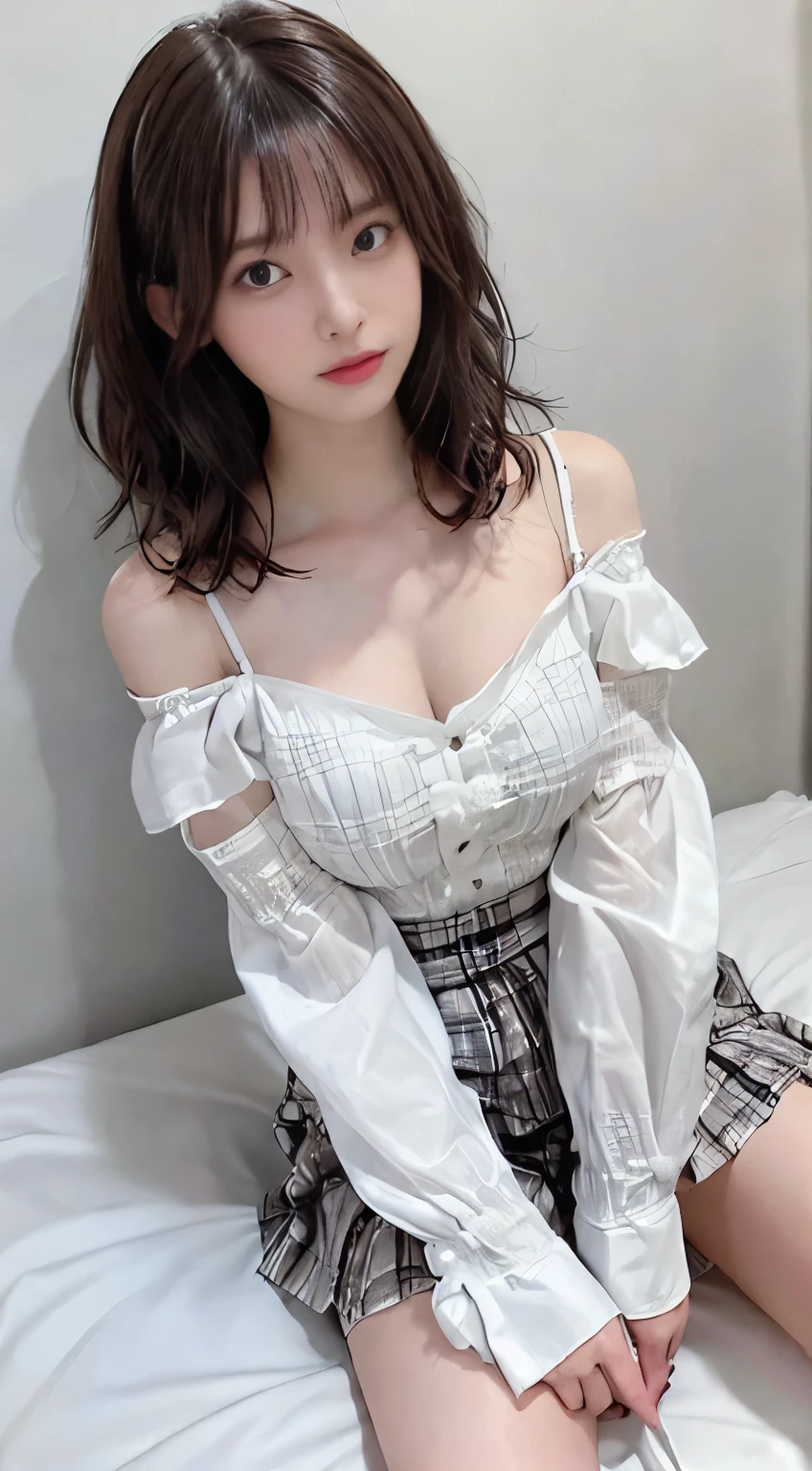 top-quality、hight resolution、ultra-detailliert、masterpiece、Raw photography、realisitic、Photorealsitic、extremely delicate and beautiful、finely detail、Textured skin、full-shot、(in hotel)、1woman and 1man、japanese、18year old、(((wearing white blouse and plaid long skirt)、Showing white panties,detailed panties,detailed frilled panties showing,、((off-shoulder blouse)),tall,Brown hair、wavy hair,short hair,Wearing makeup,(Bare legs:1.5)、Do not wear anything on your arm、perfectly proportions,spreading her legs,focus her panties,(((sexual position missionary))),(((lying down on the mattress))),ponytail,dynamic angle,vaginal sex,((having sex))
