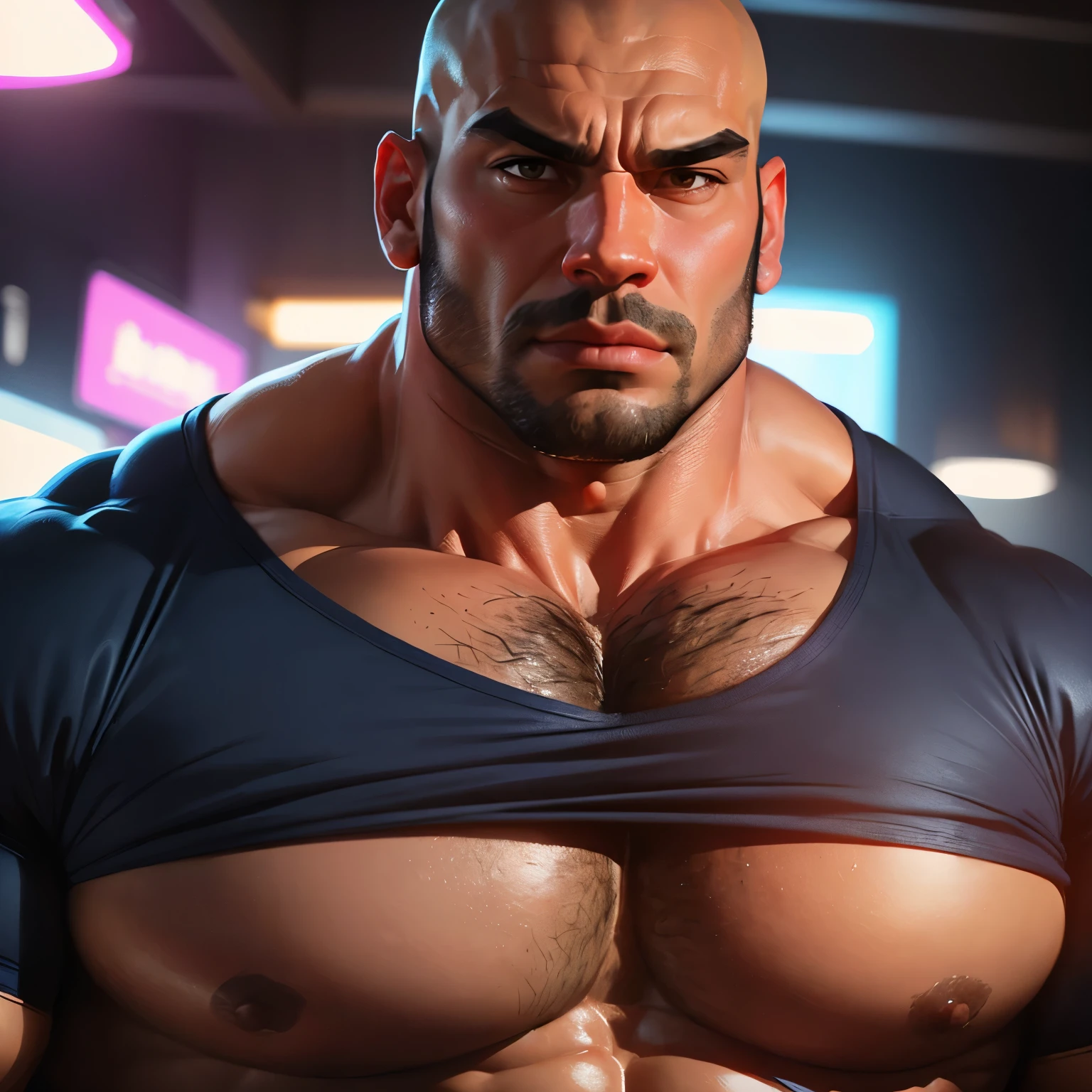 an exaggeratedly muscular and large bald bodyguard, mixed race, looking down at viewer, (wearing tight navy blue shirt: 1.2), (exposed pecs: 1.1), (bara pecs: 1.3), (hairy chest: 1.1), close-up portrait HD, night club with pink lights