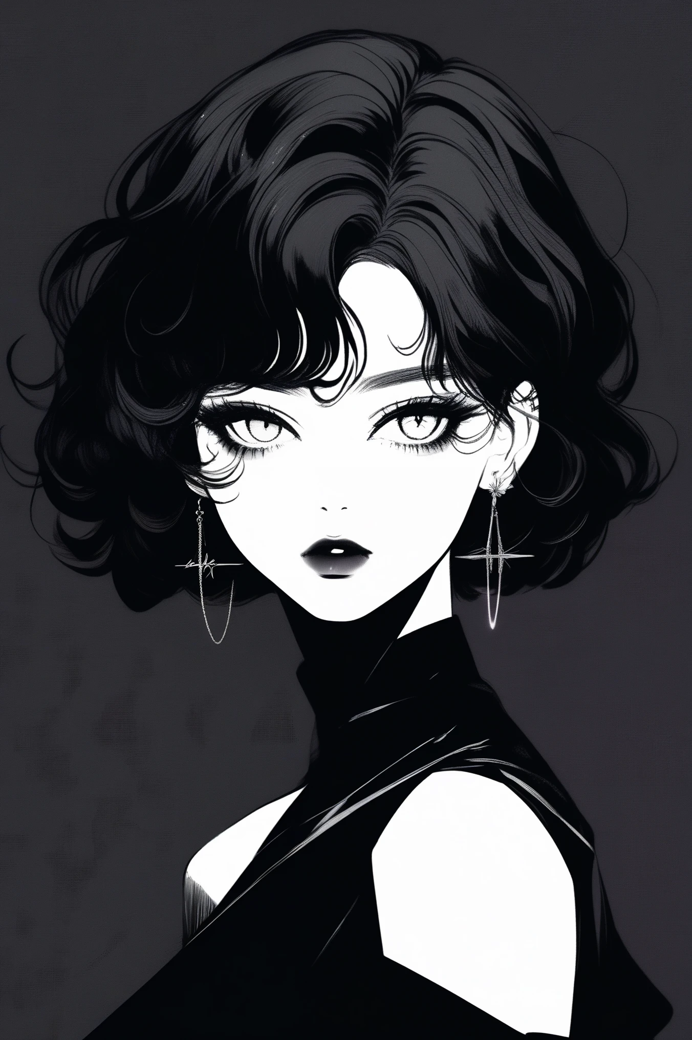 (best quality, sketch:1.2),realistic,illustrator,anime,1 girl, detailed lips, black dress,custom, (background dark monochrome),neon hair,textured cropping, masterpiece, style retro classic, noir dark, art, sketch book, (bob hair black:1.75 neon:1.32), bad women , dark monochrome background, dark fantasy 