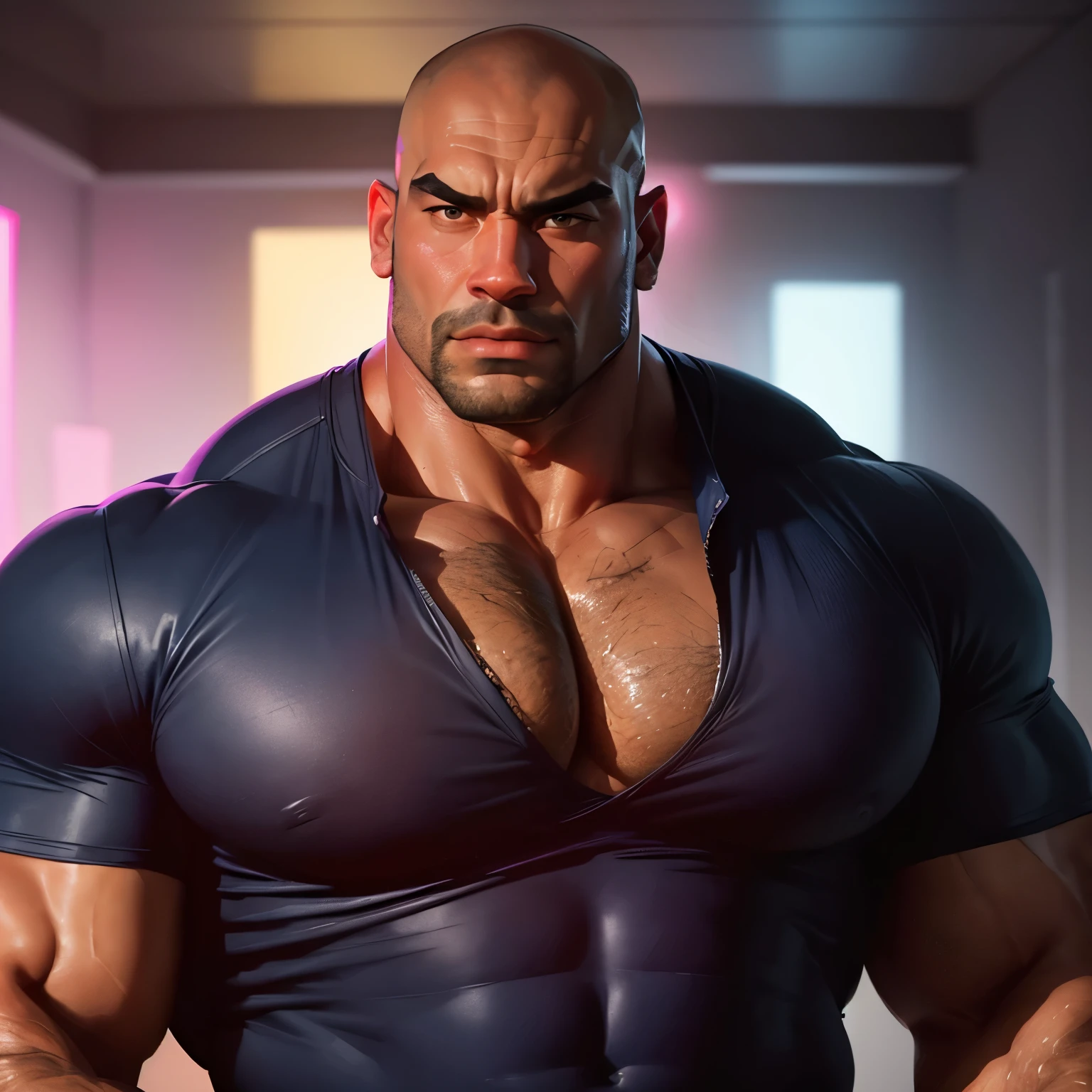 an exaggeratedly muscular and large bald bodyguard, mixed race, looking down at viewer, (wearing tight navy blue shirt: 1.2), (exposed pecs: 1.1), (bara pecs: 1.3), (hairy chest: 1.1), close-up portrait HD, night club with pink lights