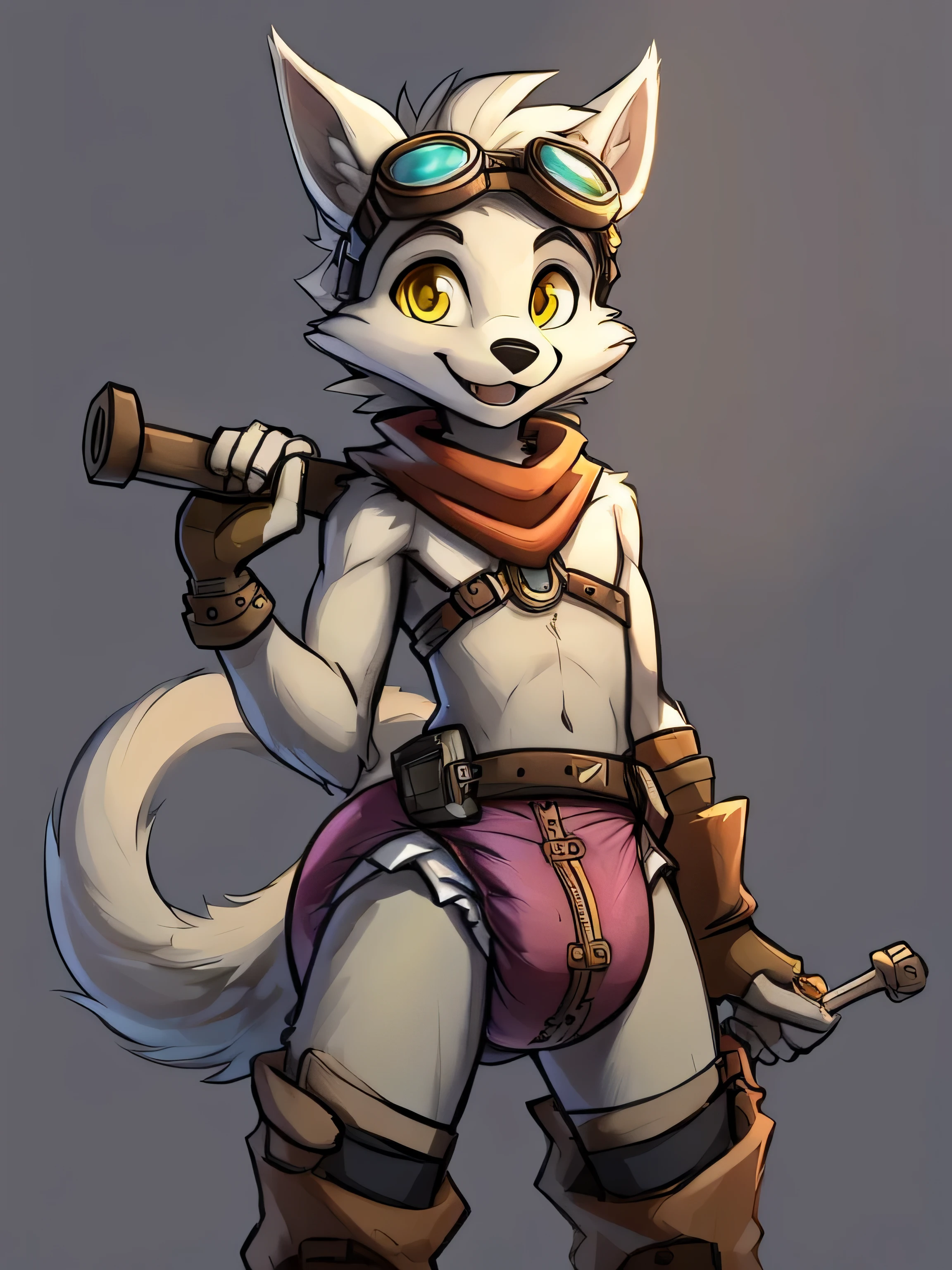 Male, arctic wolf, detailed yellow eyes, long tail, tinkerer, slim, sly, simple background, detailed plain big diaper, tools, artificer, happy, goggles on head, steampunk