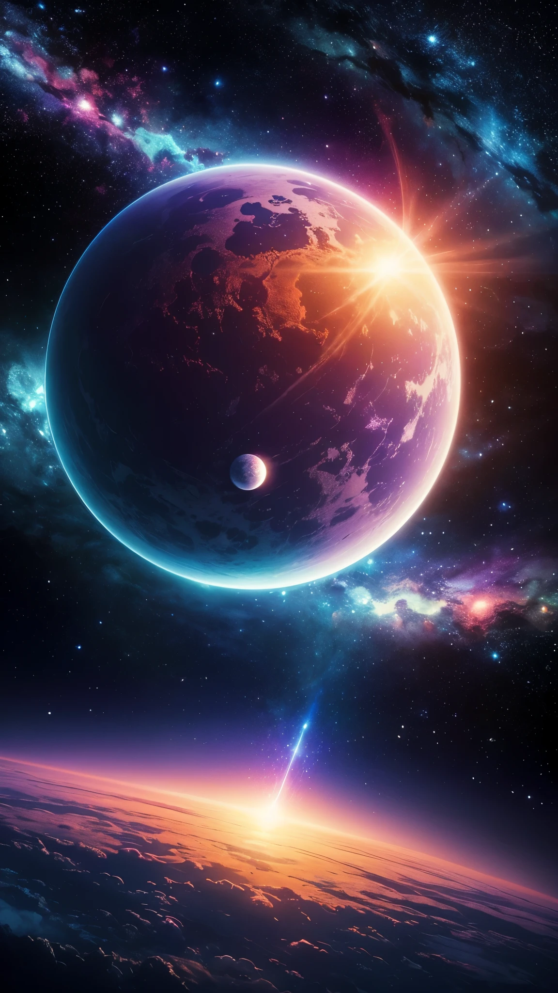 Create a unique painting, inspired by “Celestial Dreams”.,', which combines cosmic images and dreamy landscapes to create a surreal masterpiece, sehr symmetrisch, planet mit hohermkontrast, Planet erstrahlt in leuchtenden Farben