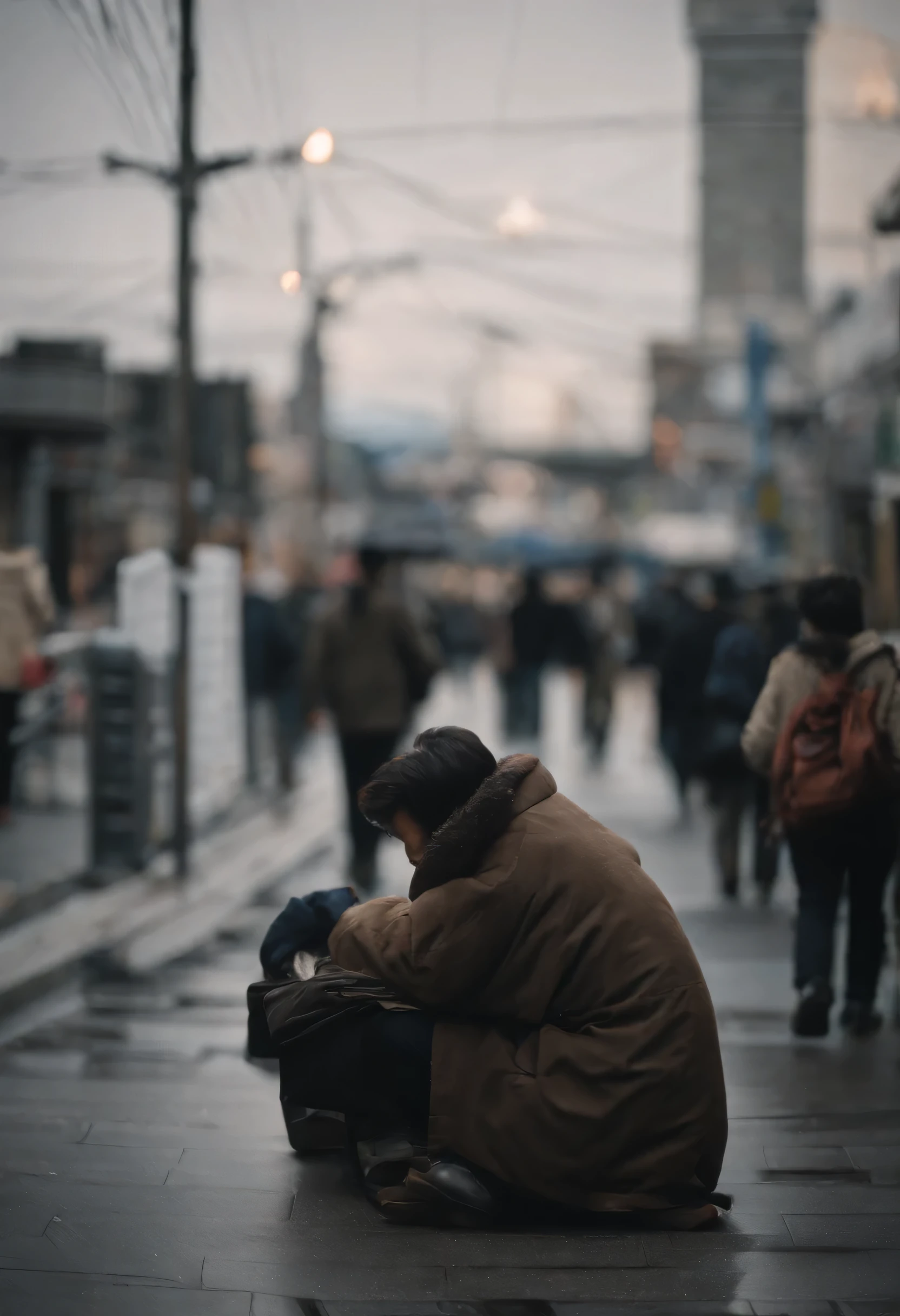 Vagrant sleeping in the basement of Shinjuku Station with a newspaper on his side.、Around Vagrant, rough household goods, cardboard boxes, magazines, etc. are neatly arranged.、beggar、Vagrant、homeless、