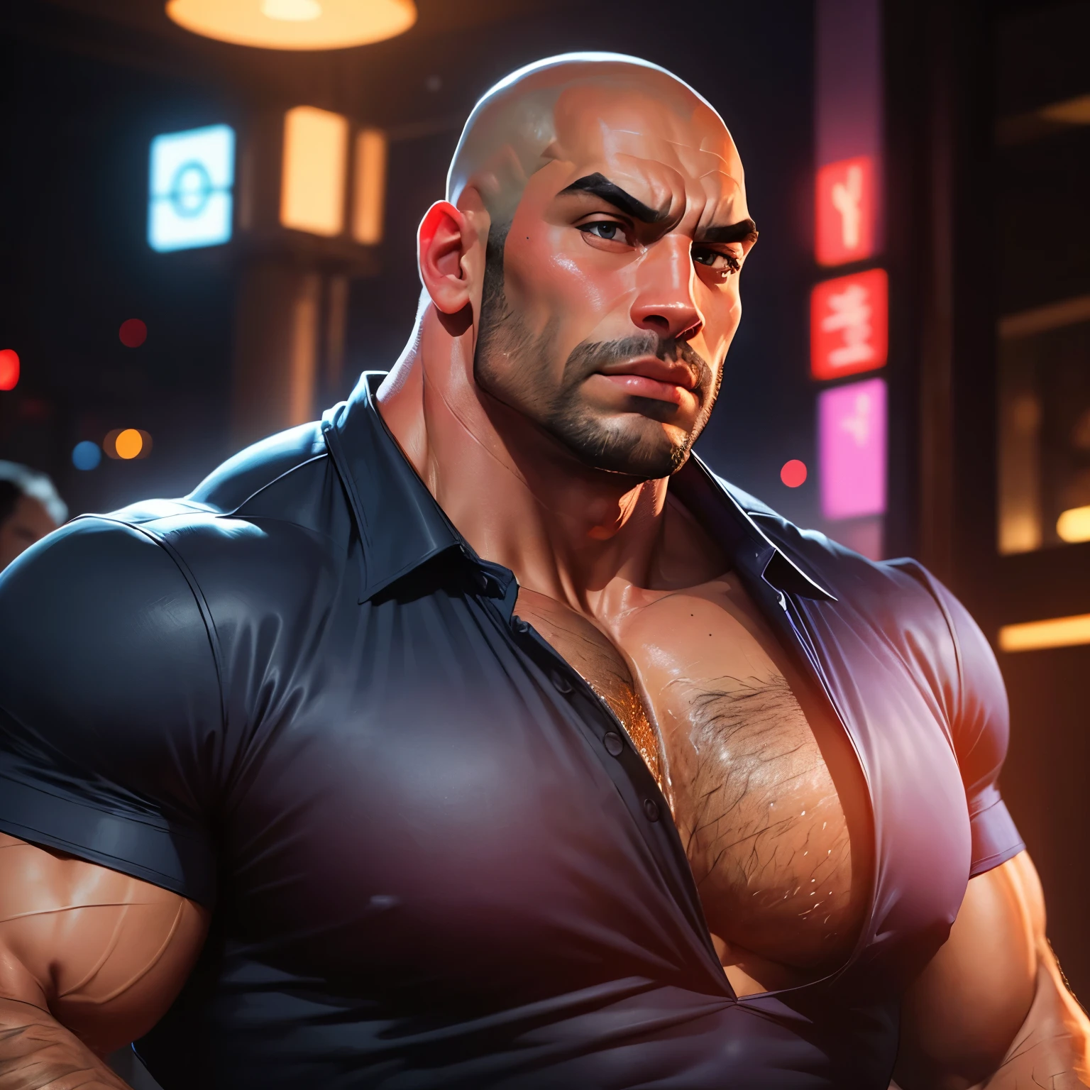 an exaggeratedly muscular and large bald bodyguard, mixed race, shy timid expression, (wearing tight navy blue shirt: 1.2), (exposed pecs: 1.1), (bara pecs: 1.3), (hairy chest: 1.1), close-up portrait HD, night club with pink lights