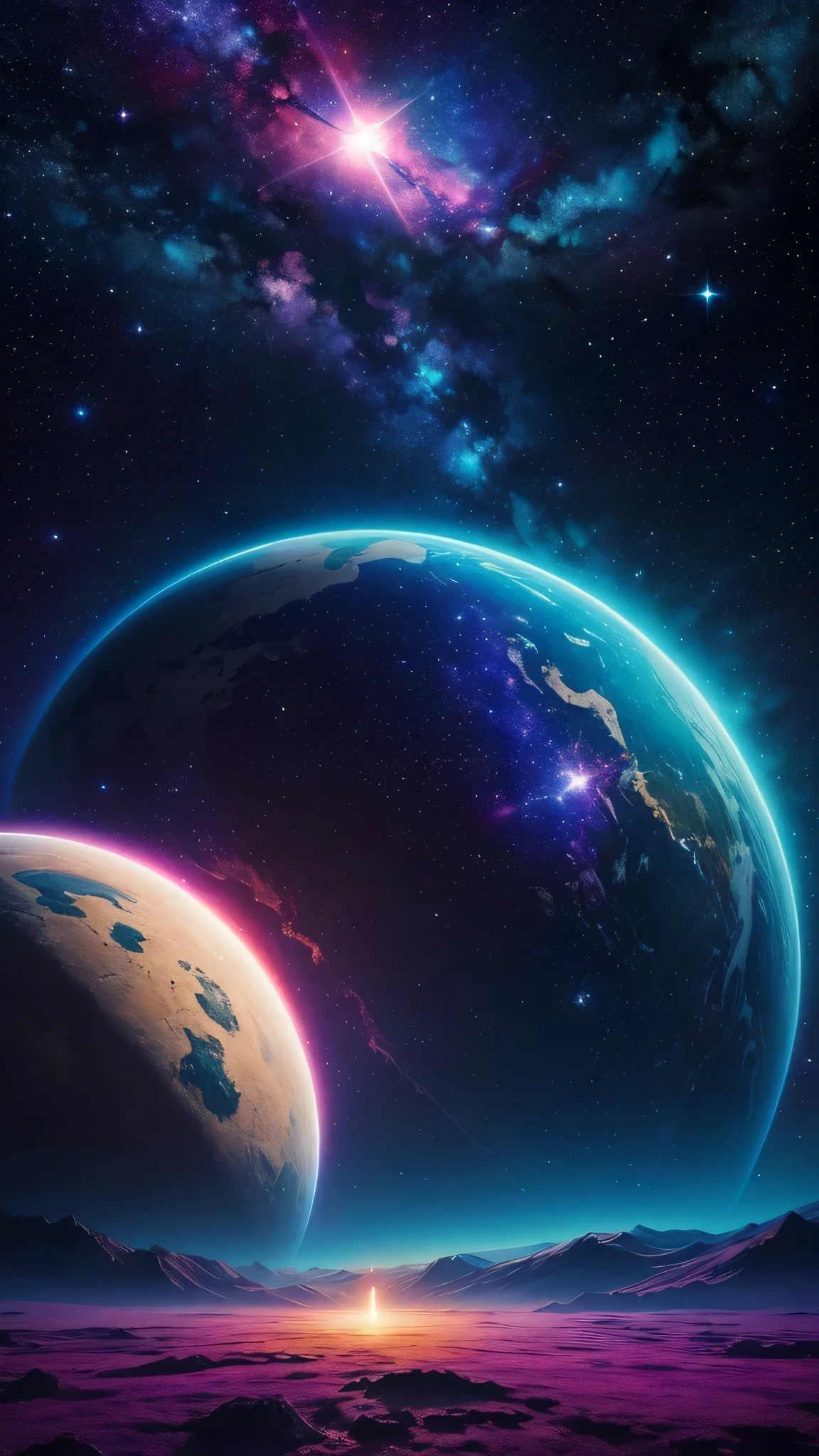 Create a unique painting, inspired by “Celestial Dreams”.,', which combines cosmic images and dreamy landscapes to create a surreal masterpiece, planet mit hohem kontrast, Planet erstrahlt in leuchtenden Farben