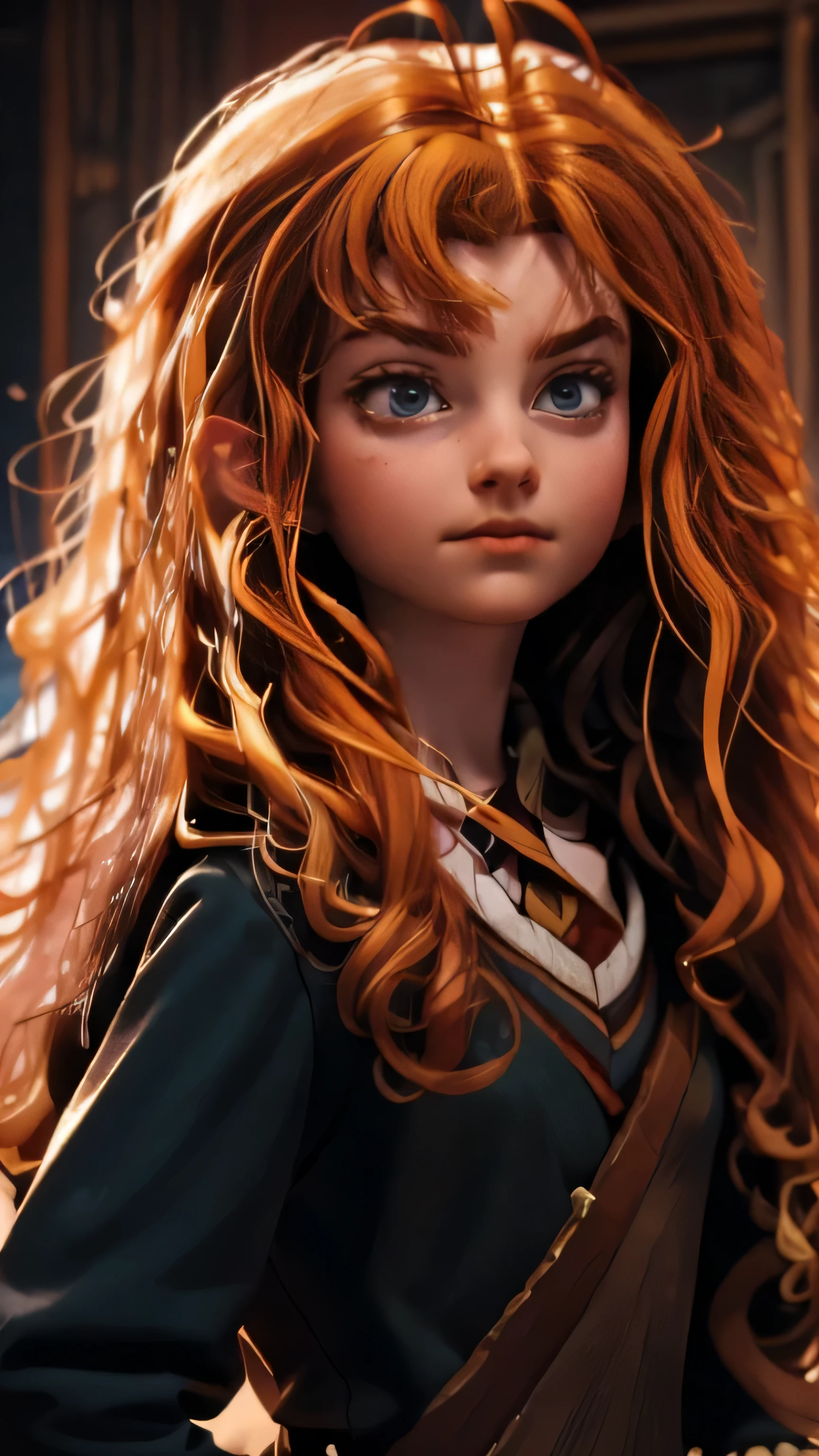 Merida-Hermione Fusion, Merge models, fusion, Les vêtements et visage de Hermione (gryffindor), les cheveux de Merida, 1fille, beau, personnage, Femme, femelle, (centerpiece:1.2), (best quality:1.2), (seul:1.2), ((pose de combat)), ((champ de bataille)), cinematic, yeux parfaits, peau parfaite, Perfect lighting, sourir, light, cor, textured skin, detail, Beauty, merveille, Ultra-Detailed, Visage parfait