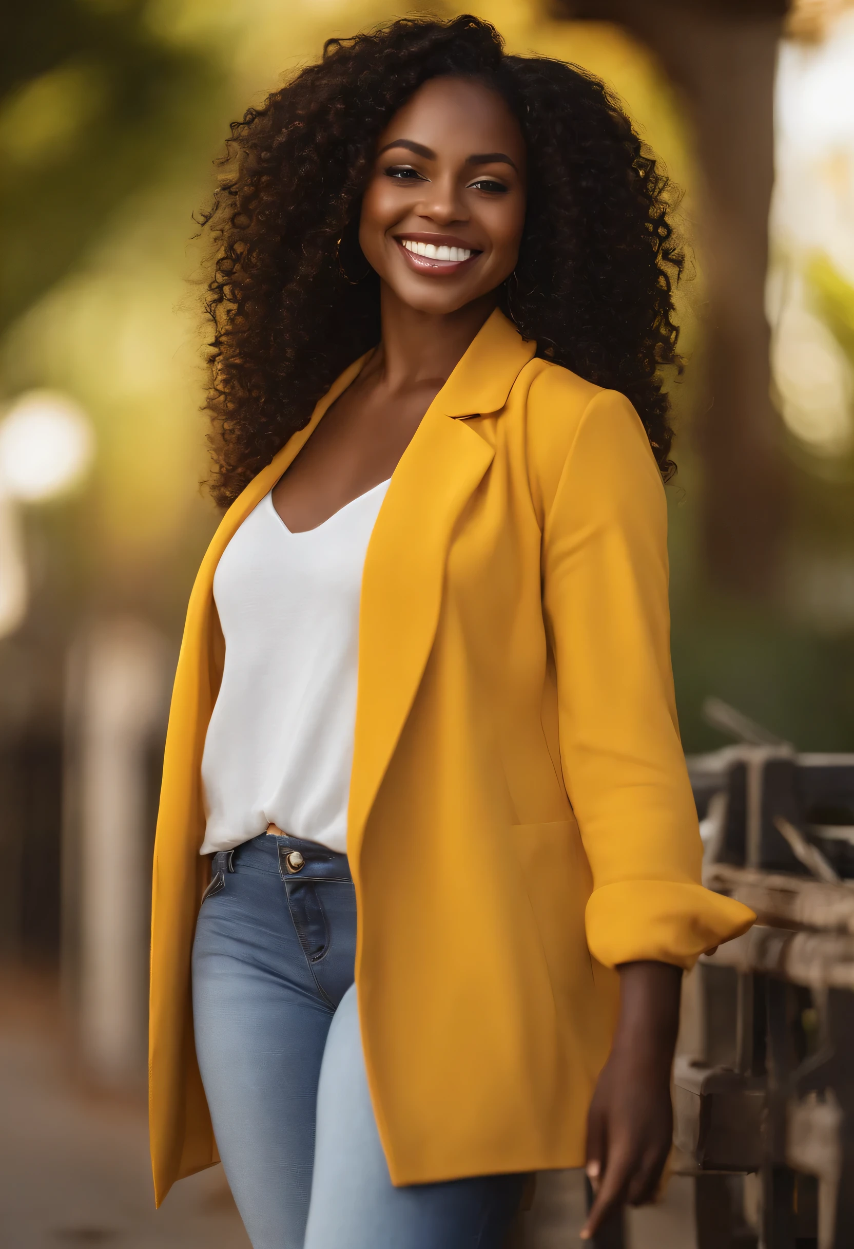 Beautiful black woman with dark skin - long brown wavy hair - big brown eyes - smiling - braces - thick lips - small nose - medium sized chest - wearing a yellow shirt - wearing a white jacket - wearing black jeans - realistic - 4k photography