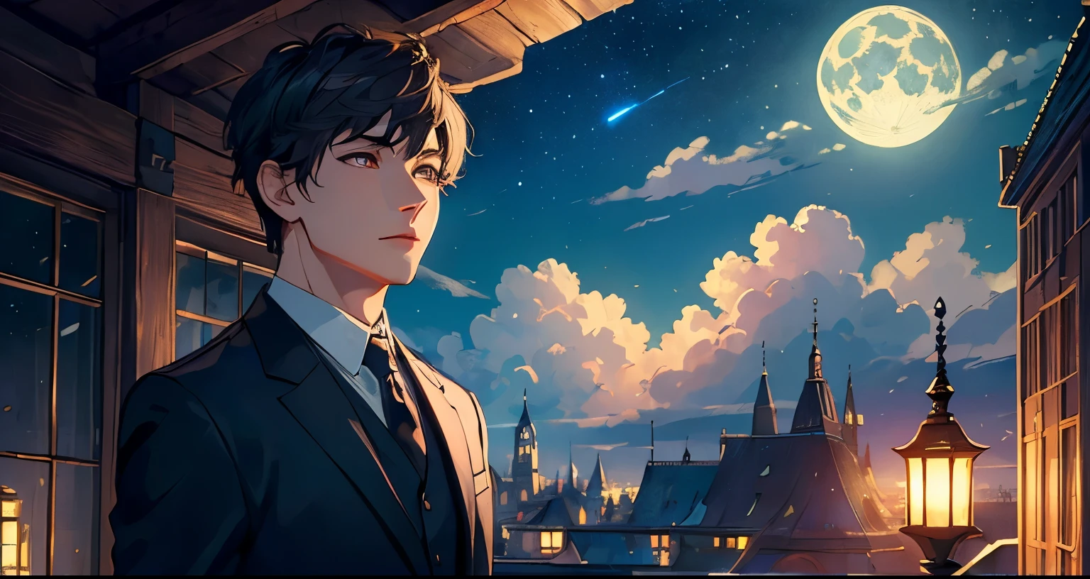 (masterpiece:1.5), (ultra-detailed), (extremely detailed CG, ultra-detailed, best shadow:1.1), 1boy, solo, fantasy, night sky, outdoors, magic, moon, stars, clouds, wind, short hair, focus on subject, extremely detailed eyes, shadow on face, mysterious, hyper detailed, texture, detail, realism, depth, perspective, special effects, composition, scale, foreground, middle ground, background, perspective, light, color, texture, detail, beauty, wonder, mature young man, fantasy city