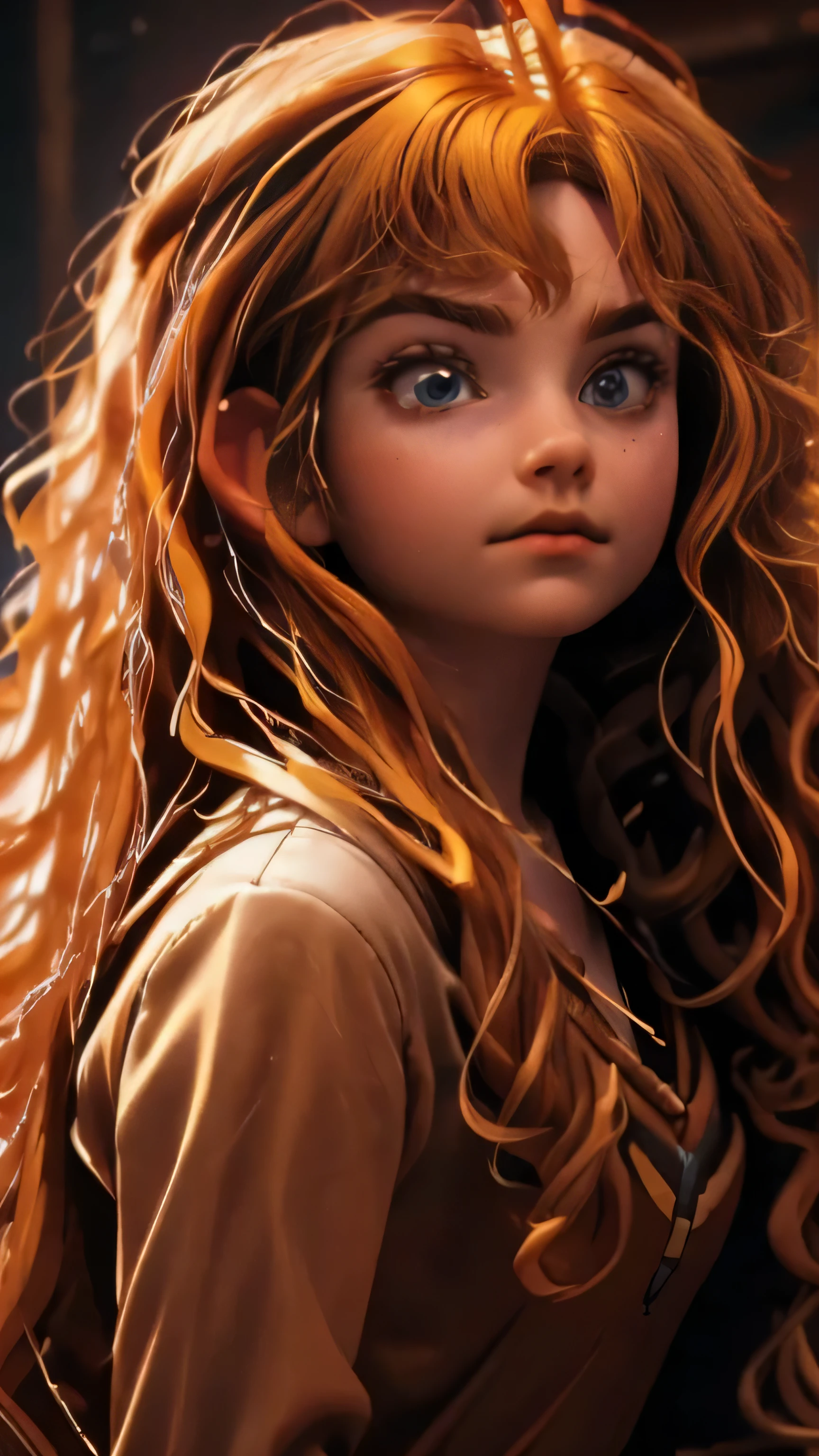 Merida-Hermione Fusion, Merge models, fusion, Les vêtements et visage de Hermione (gryffindor), les cheveux de Merida, 1fille, beau, personnage, Femme, femelle, (centerpiece:1.2), (best quality:1.2), (seul:1.2), ((pose de combat)), ((champ de bataille)), cinematic, yeux parfaits, peau parfaite, Perfect lighting, sourir, light, cor, textured skin, detail, Beauty, merveille, Ultra-Detailed, Visage parfait