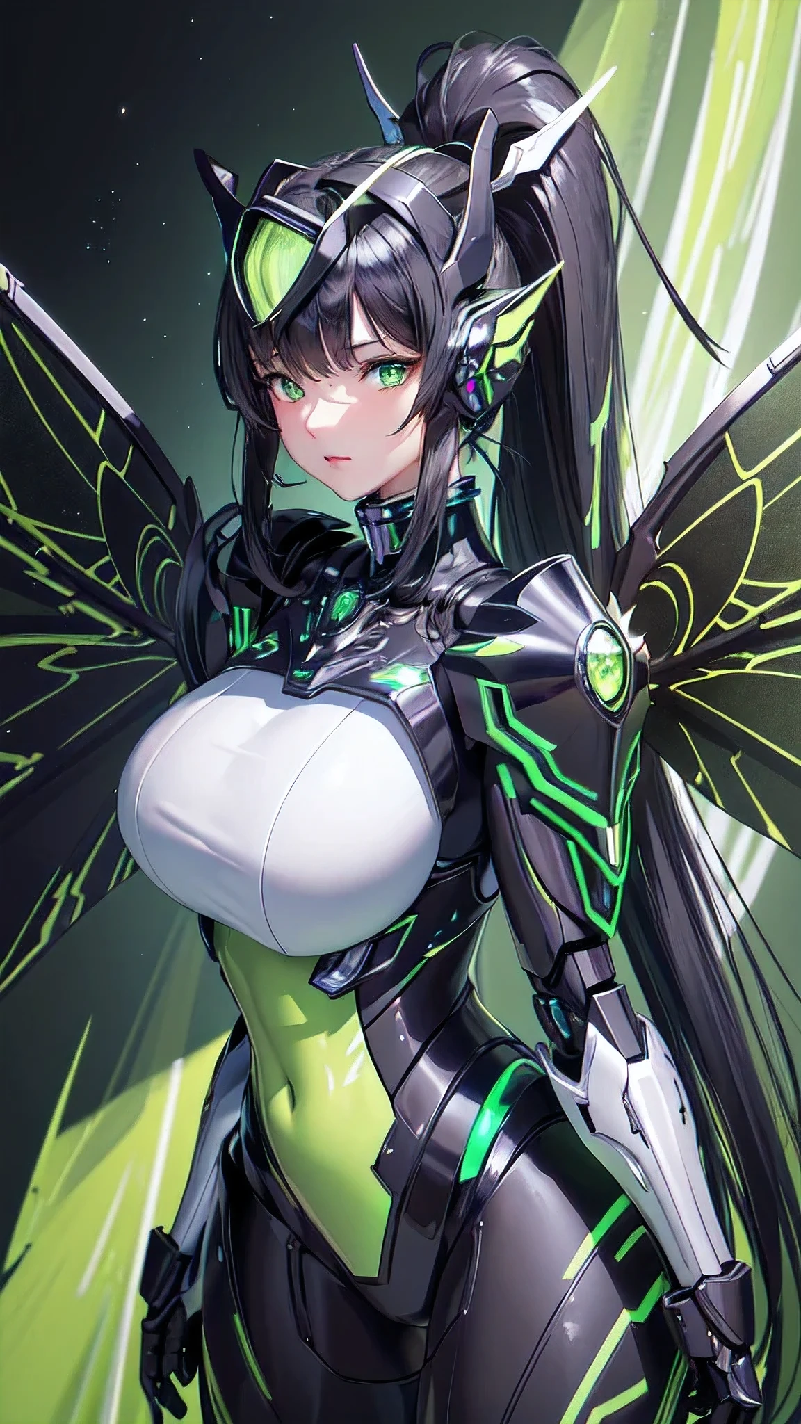 (masterpiece, best quality:1.3),extremely high detailed, intricate, 8k, HDR, wallpaper, cinematic lighting, (universe),(Mecha musume:1.3), glowing, black armor, glowing green eyes, mecha, black hair, ponytail, (large mechanical fairywings:1.2), (black and green theme:1.4), (fairy, girl:1.2), (large breasts:1.1), (white background:1.3), (pacific rim style helmet:1.1)