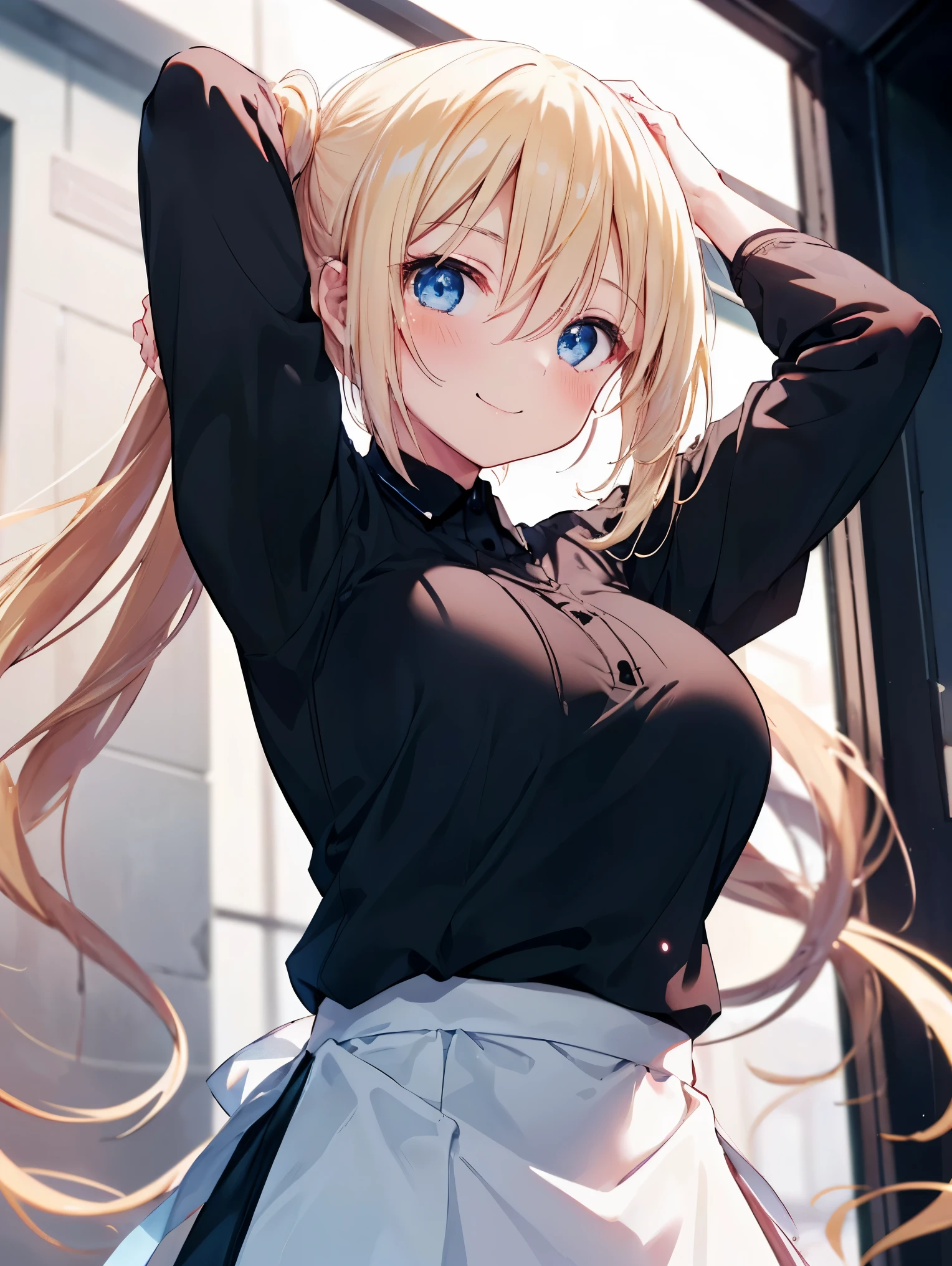 1girl in, (Chiquita:1.2), Kaho Hyuga, a blond, Twin-tailed,

Black shirt, White skirt, large boob,  
(Best Quality, hight resolution, 4K, Detailed Lighting, Shaders, perfect anatomia:1.2), 
(Focus:1.2), 
Arms up, 
Smile, blush, 
Looking at Viewer, From below, 
Cafe Background,