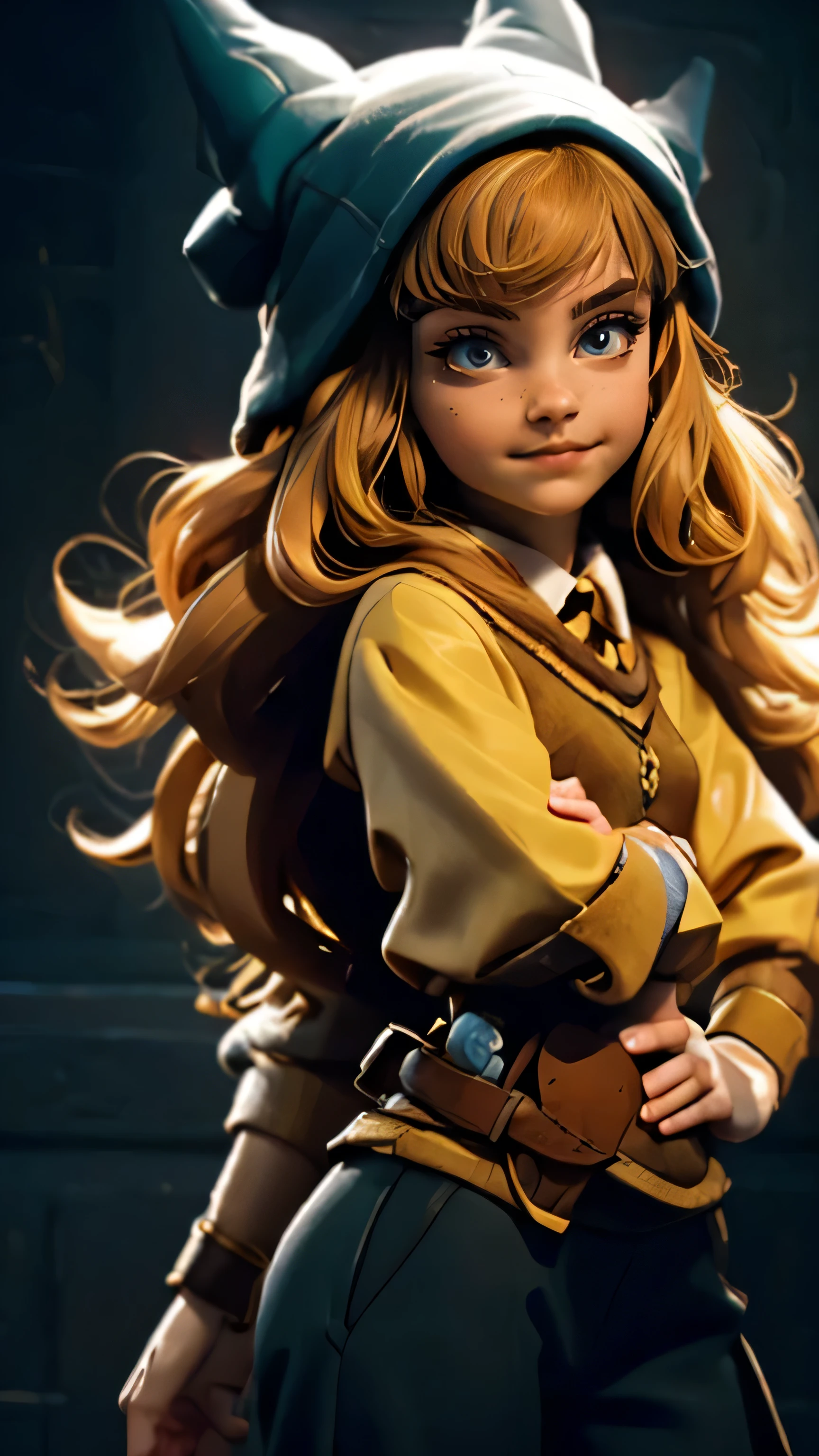 Eliatrop-Hermione Fusion, Merge models, fusion, Les vêtements Eliatrop, les cheveux et le visgae de Hermione, 1fille, beau, personnage, Femme, femelle, (centerpiece:1.2), (best quality:1.2), (seul:1.2), ((pose de combat)), ((champ de bataille)), cinematic, yeux parfaits, peau parfaite, Perfect lighting, sourir, light, cor, textured skin, detail, Beauty, merveille, Ultra-Detailed, Visage parfait