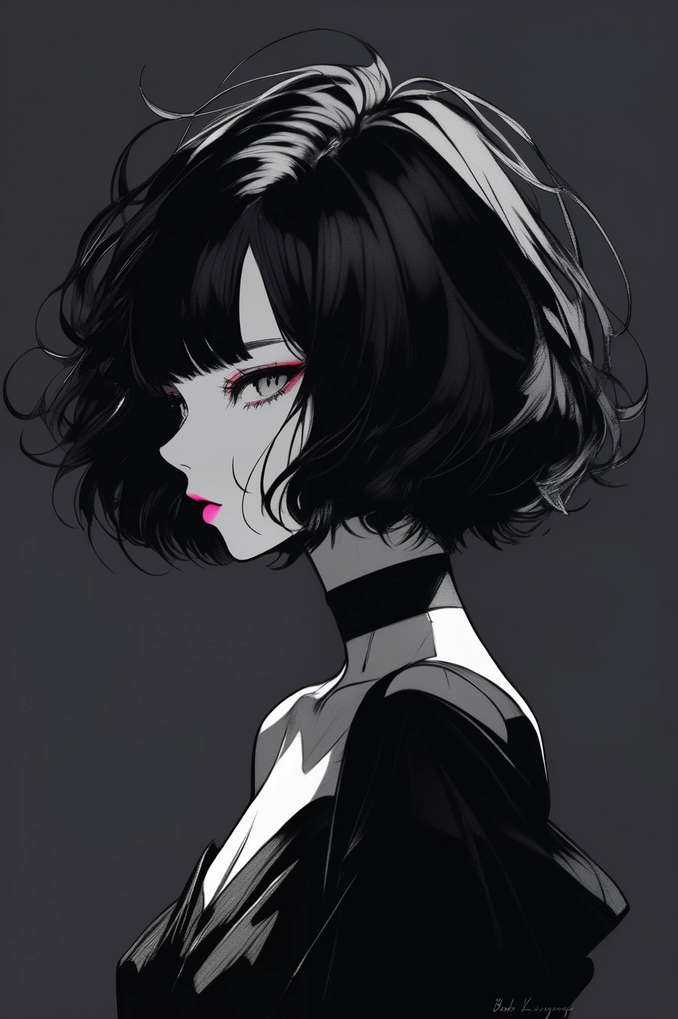 (best quality, sketch:1.2),realistic,illustrator,anime,1 girl, detailed lips, black dress,custom, (background dark monochrome),neon hair,textured cropping, masterpiece, style retro classic, noir dark, art, sketch book, (bob hair black:1.75 neon:1.32), bad women , dark monochrome background, dark fantasy, pensil manga art style 