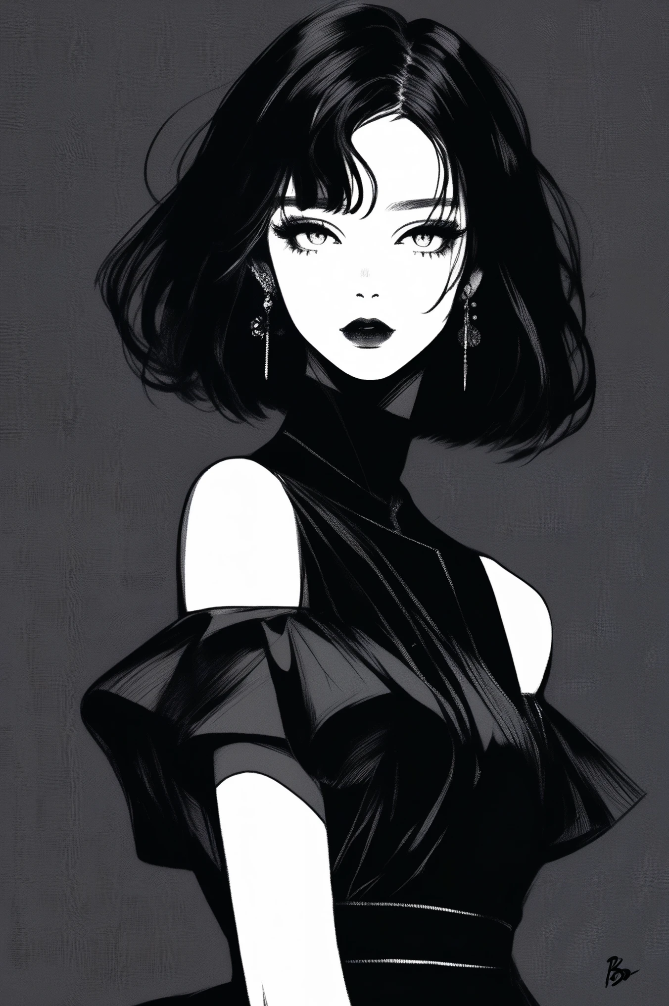 (best quality, sketch:1.2),realistic,illustrator,anime,1 girl, detailed lips, black dress,custom, (background dark monochrome),neon hair,textured cropping, masterpiece, style retro classic, noir dark, art, sketch book, (bob hair black:1.75 neon:1.32), bad women , dark monochrome background, dark fantasy, pensil manga art style 