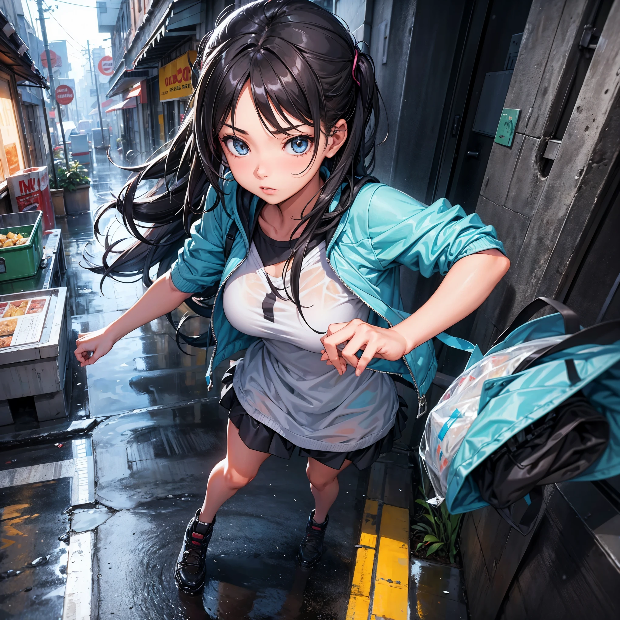 Ilustracion 3d de una chica bajo la lluvia