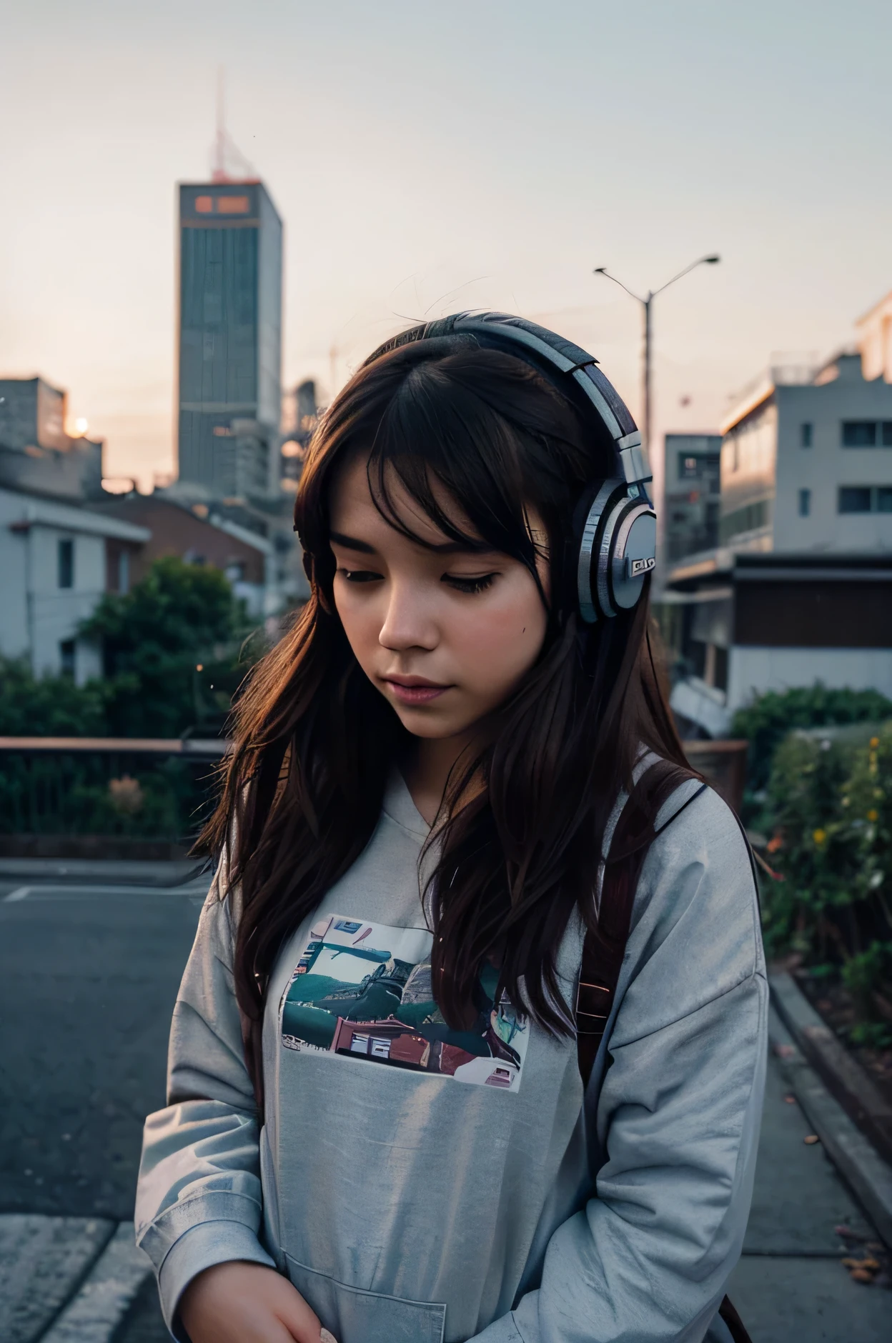 Urban Dawn: Awakening City Lo-fi Beats" captures the early morning city vibe with subtle street noises, soft synth pads, and a calm, inspiring beat. Perfect for starting your day on a positive note. Lo-fi, college girl, wearing headphones, cute, illustration, Ghibli,