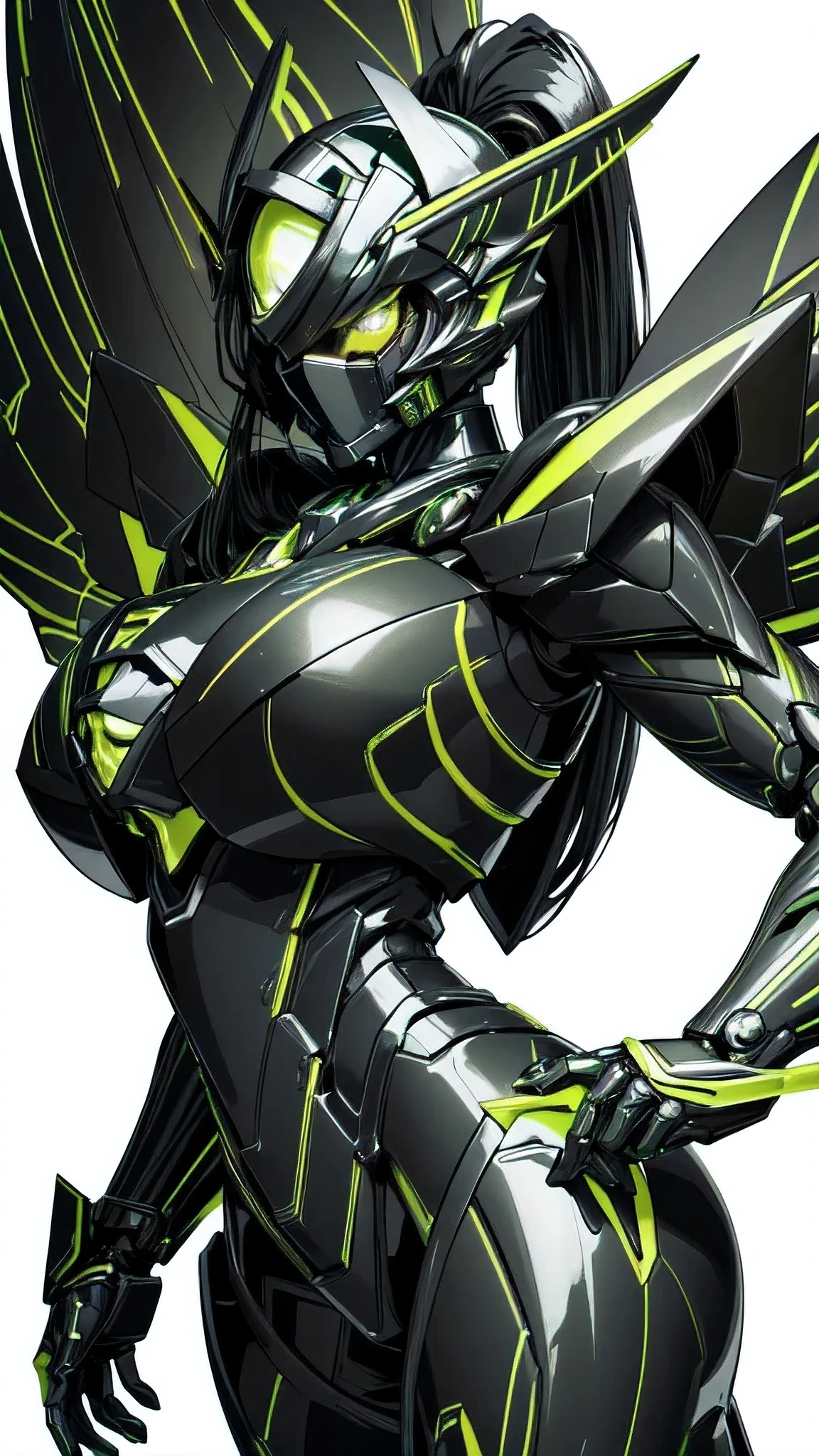 (masterpiece, best quality:1.3),extremely high detailed, intricate, 8k, HDR, wallpaper, cinematic lighting, (universe),(Mecha musume:1.3), glowing, black armor, glowing green eyes, mecha, black hair, ponytail, (large mechanical fairywings:1.2), (black and green theme:1.4), (fairy, girl:1.2), (large breasts:1.1), (white background:1.3), (pacific rim style helmet:1.1)