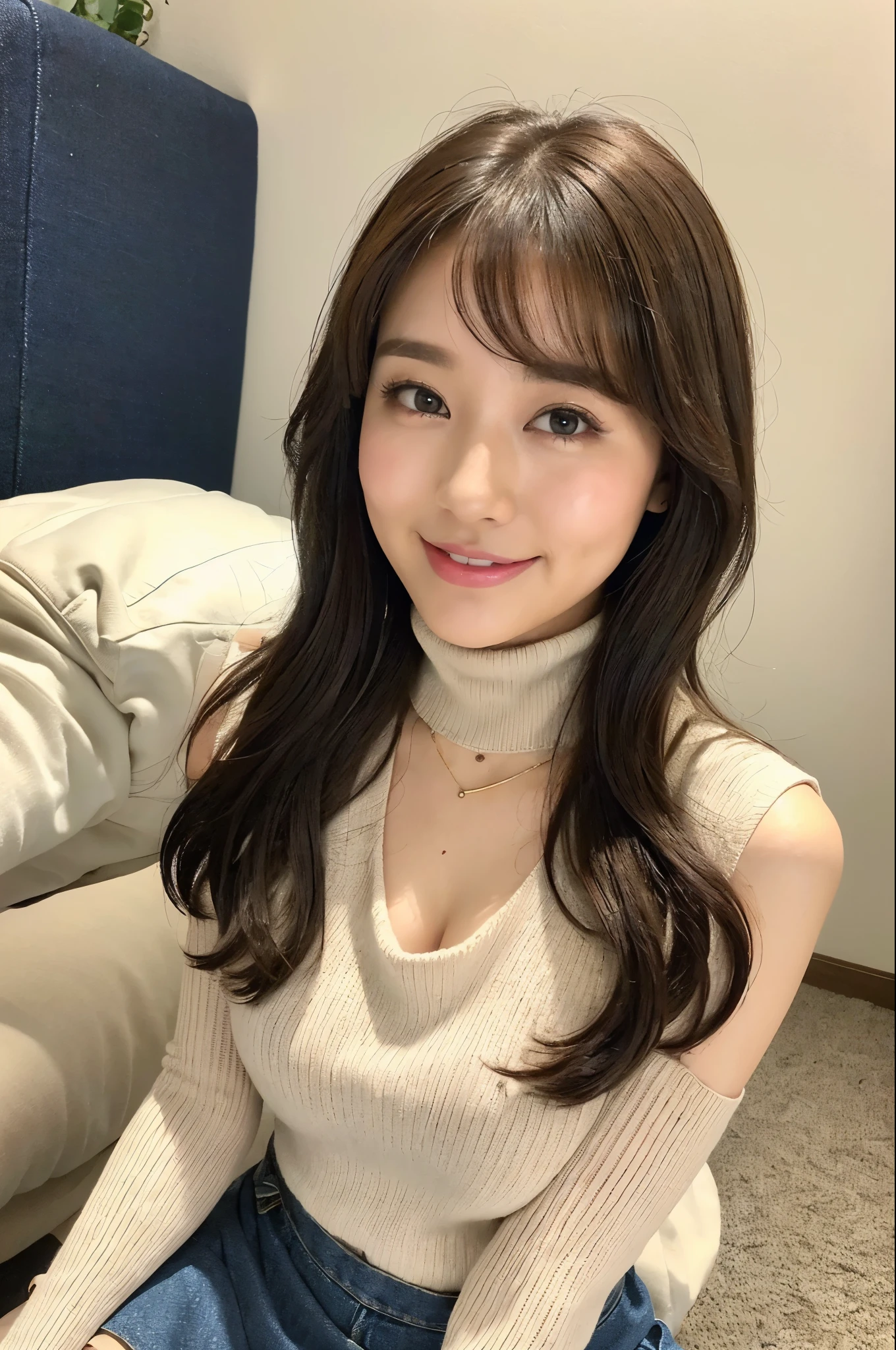 (highest quality, High resolution, , perfect pixel, 4k,), 1 girl, single, alone, Beautiful woman、I could see the whole body、 ((Wavy mid-hair, bangs, brown hair)), ((brown eyes, beautiful eyelashes, realistic eyes)), ((detailed face,)), ((smooth texture:0.75, realistic texture:0.65, realistic:1.1, )), ((soft chest)), dynamic angle, perfect body, ((, Beige sleeveless turtleneck sweater、Tight Denim Mini Skirt、black stockings、cute necklace、)), shy smile、sit、(angle from below、)