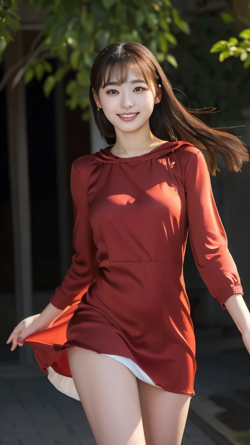 (8K, highest quality, Raw photo、masterpiece: 1.2), Super detailed, highest quality, ultra high resolution, professional lighting, photon mapping, radio city, Physically based rendering, cinematic lighting, Depth of written boundary, i concentrate,1 female,24-years-old、 (full body shot), ((silk dress)) ((pantyhose))(looking at the viewer:1.3) very slim, medium breasts, (((pull clothes, Dress Tags, Wind, Wind lift:1.12)))、cute, white skin、looking at the viewer, light smile,alone, enchanting smile, wide opening, professional lighting, Sony α7R4, Zecy 50mm F1.8, medium breasts,thin and beautiful eyes,