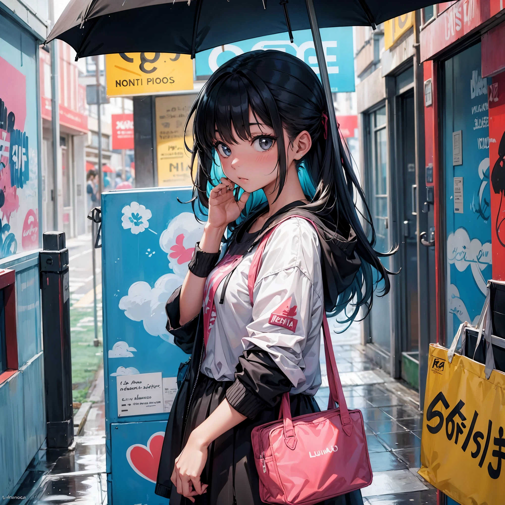 Arte grafiti de una chica bajo la lluvia
