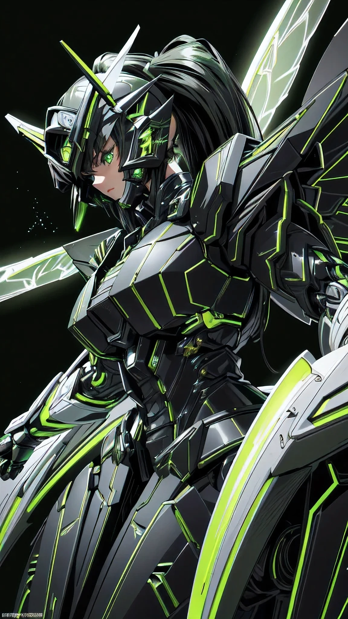 (masterpiece, best quality:1.3),extremely high detailed, intricate, 8k, HDR, wallpaper, cinematic lighting, (universe),(Mecha musume:1.3), glowing, black armor, glowing green eyes, mecha, black hair, ponytail, (large mechanical fairywings:1.2), (black and green theme:1.4), (fairy, girl:1.2), (large breasts:1.1), (white background:1.3), (pacific rim style helmet:1.1)