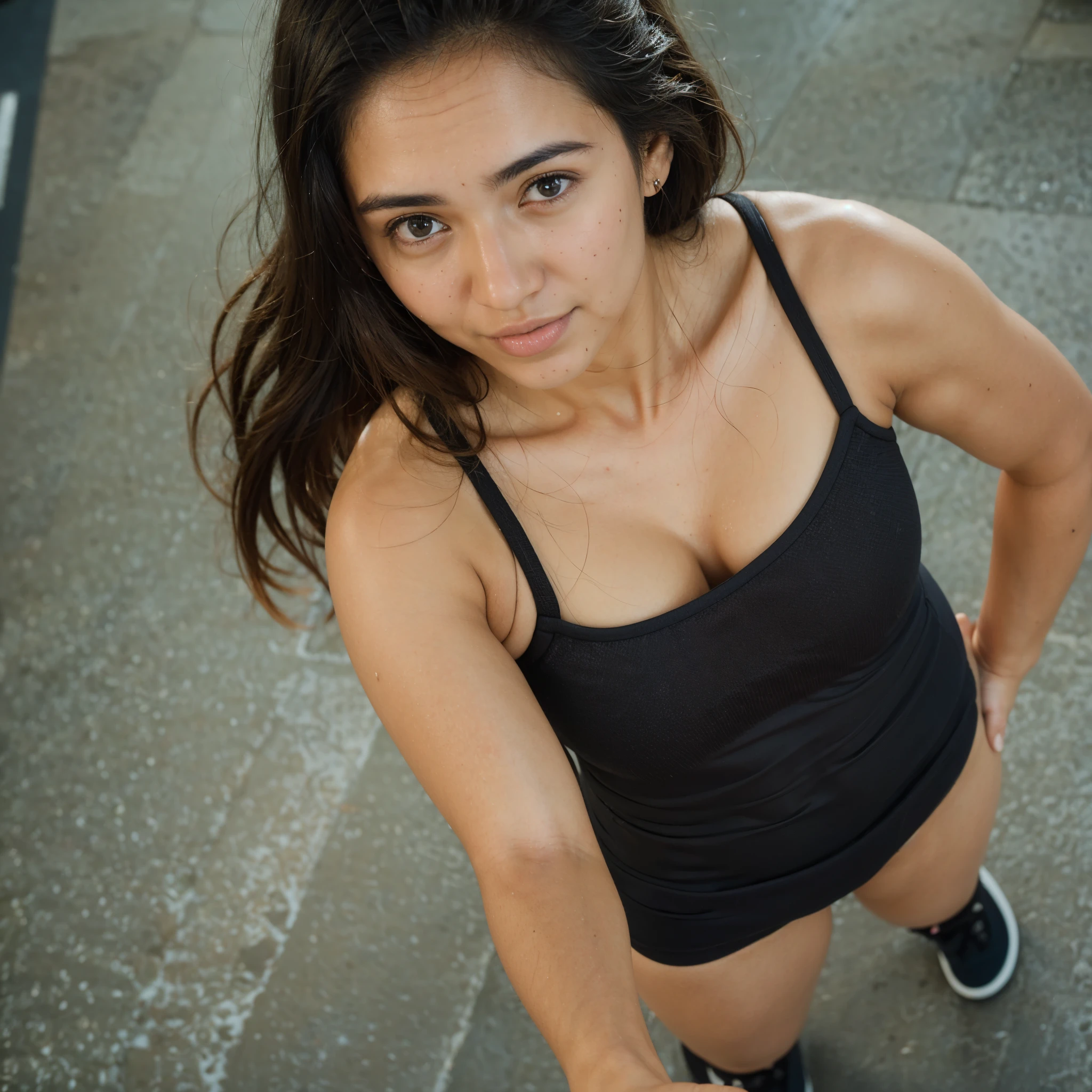 woman posing for a photo, (top_view_perspective:1.3),(wearing gym_outfit:1.3),real skin pores, moles on skin, (YES SFW),
good hand,4k, high-res, masterpiece, best quality, head:1.3,((Hasselblad photography)), finely detailed skin, sharp focus, (cinematic lighting), collarbone, night, soft lighting, dynamic angle, [:(detailed face:1.2):0.2],(((5 stars hotel))), outside,  