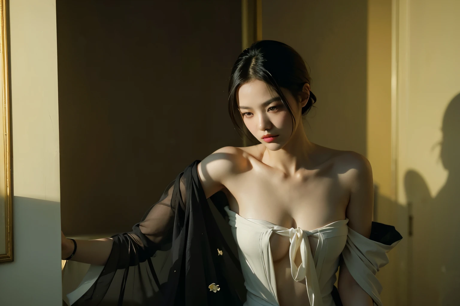 (Best quality, 8k, 32k, Masterpiece, UHD:1.2) "Generate a captivating artwork featuring a young Japanese girl model with short, sleek black hair styled in a chic bob haircut. Envision her bathed in dramatic cinematic lighting, creating an atmosphere of allure and mystery. Emphasize a romantic aesthetic vibe, showcasing the model in a poised and elegant pose that evokes a sense of intimacy and sophistication. Utilize warm and soft tones to enhance the romantic ambiance, and consider incorporating elements like flowing fabrics or flowers to add a touch of ethereal beauty. Capture the essence of romance and beauty through the model's expression, the play of light and shadows, and the overall aesthetic, creating a visually compelling and emotionally resonant piece." (perfect eyes), flawless skin, flawless face, cinematic, tight body, ((well-proportion female hands)), ((female hands with five digits)) ((Body is well proportioned)), ((chic bob haircut)), soft focus ((Short Black Hair)),